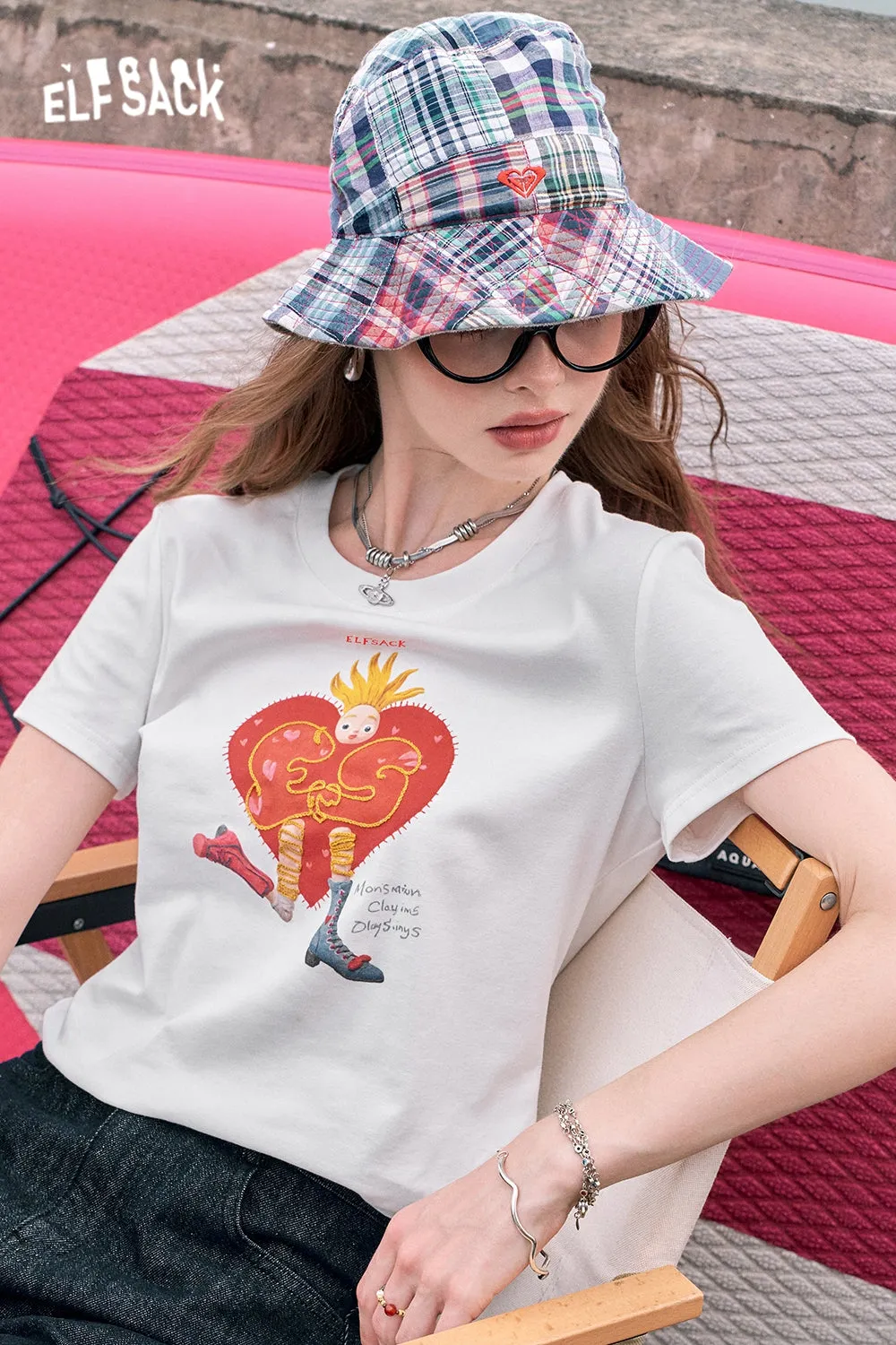 2024 Summer ELFSACK New Arrivals White printed straight shoulder casual versatile slim short-sleeved T-shirt for women