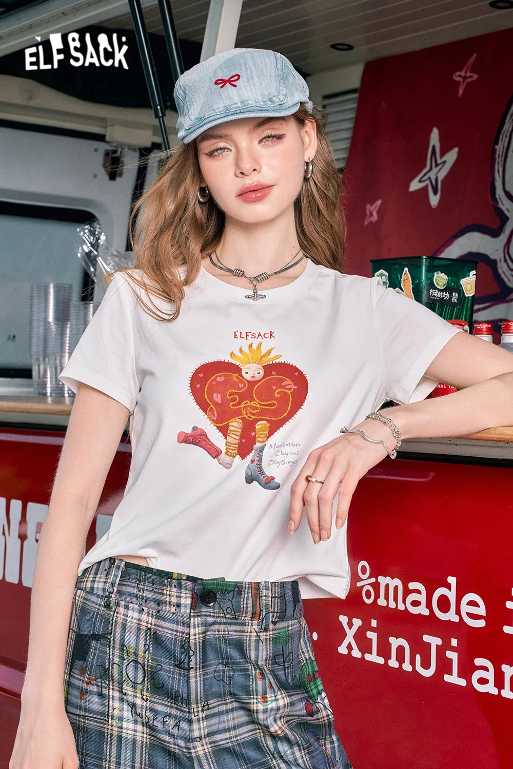 2024 Summer ELFSACK New Arrivals White printed straight shoulder casual versatile slim short-sleeved T-shirt for women