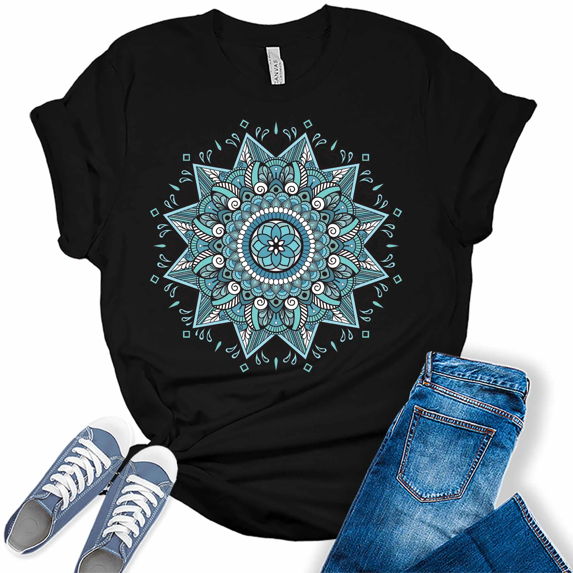 Aqua Mandala Shirt Casual Vintage Graphic Tees for Women Short Sleeve Plus Size Summer Tops