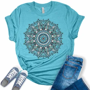 Aqua Mandala Shirt Casual Vintage Graphic Tees for Women Short Sleeve Plus Size Summer Tops