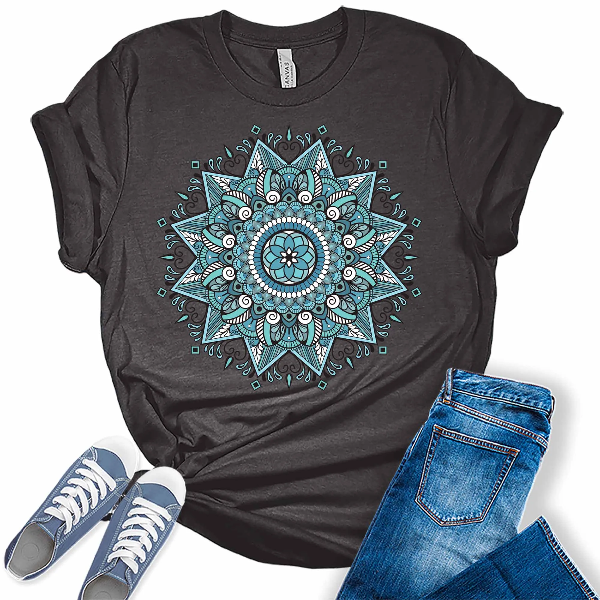 Aqua Mandala Shirt Casual Vintage Graphic Tees for Women Short Sleeve Plus Size Summer Tops