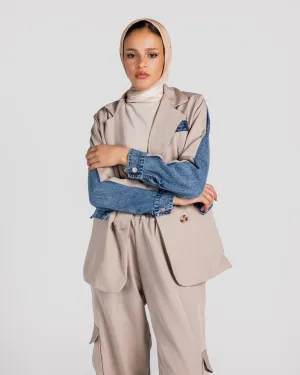 Beige Blazer Denim Set