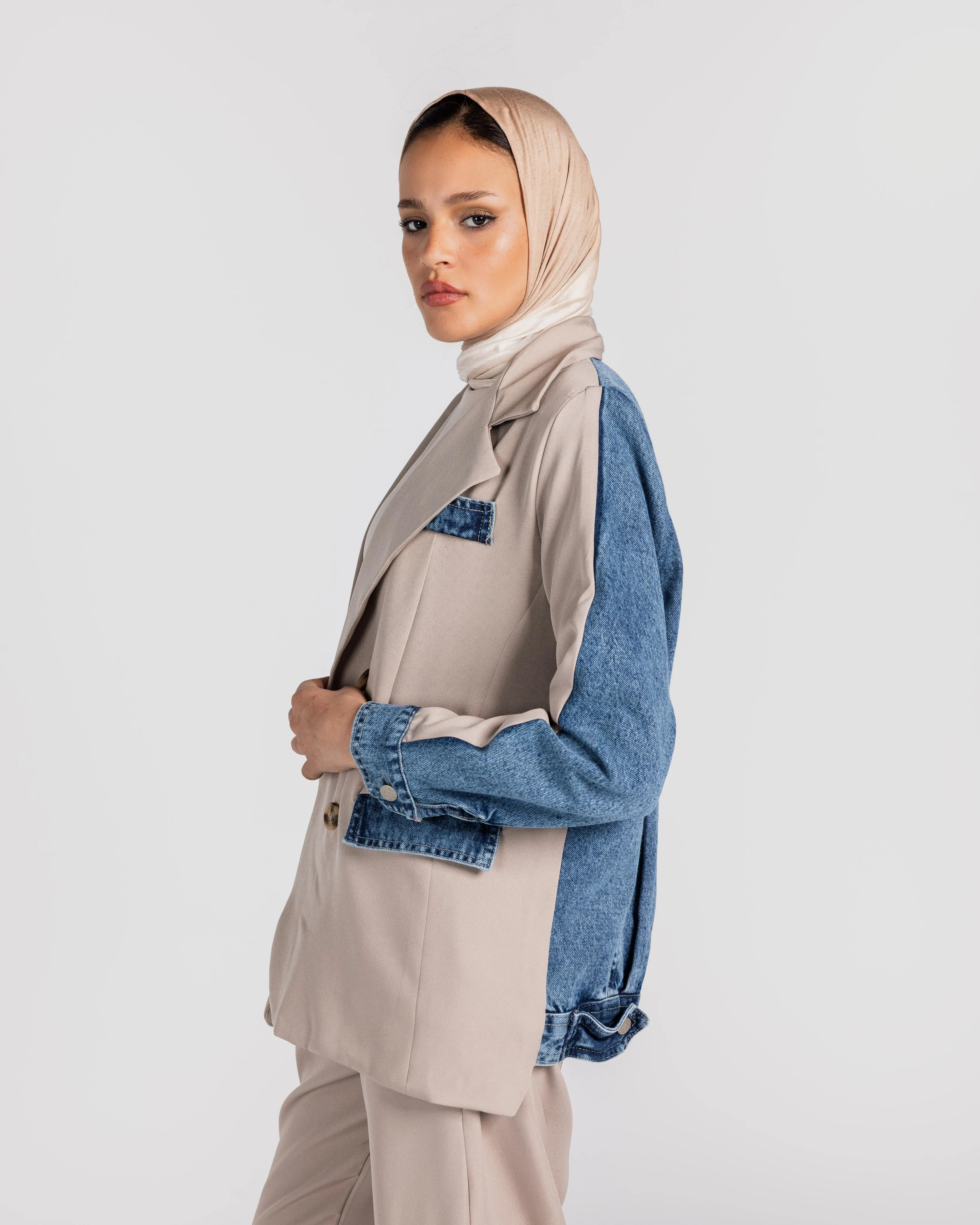 Beige Blazer Denim Set