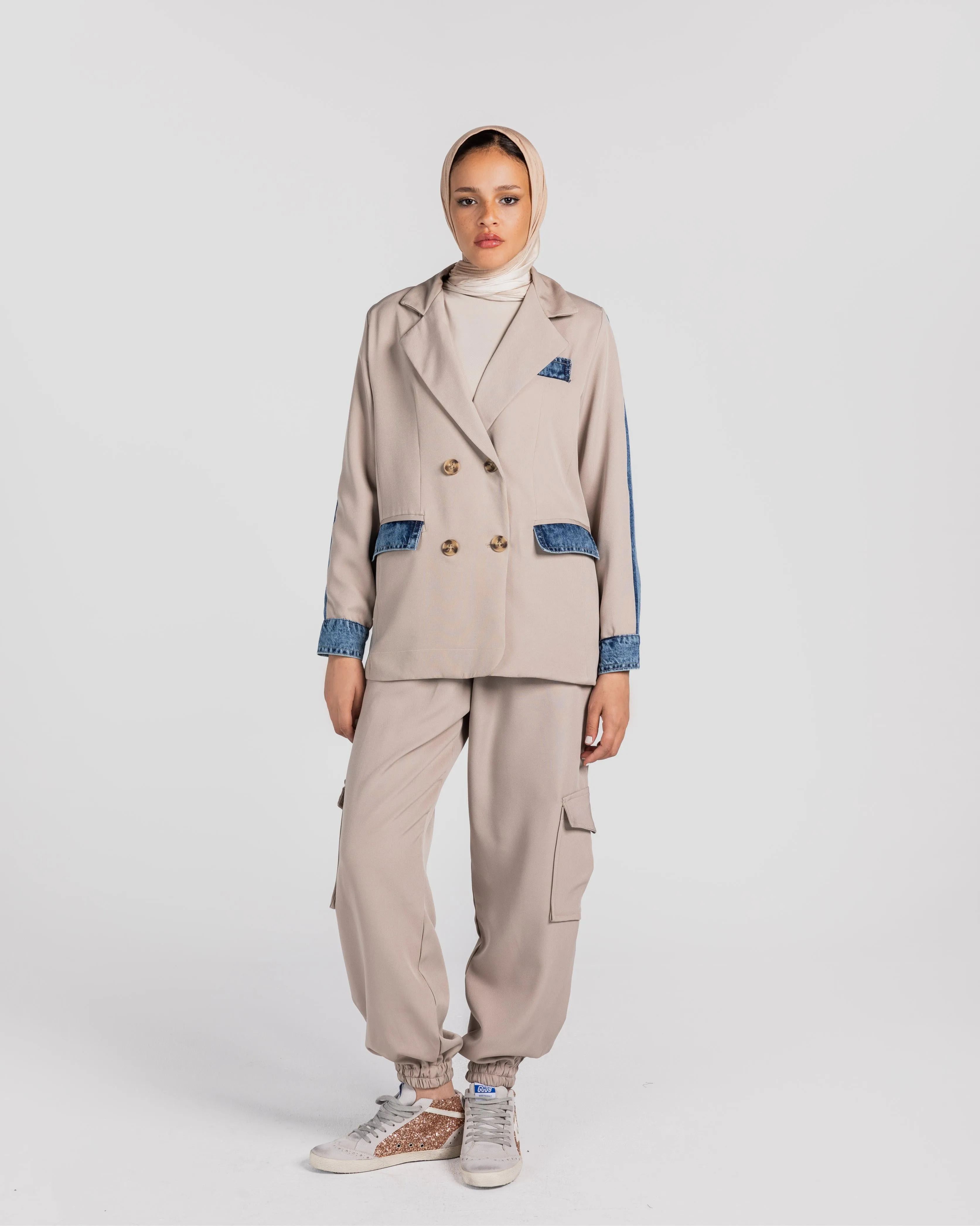 Beige Blazer Denim Set