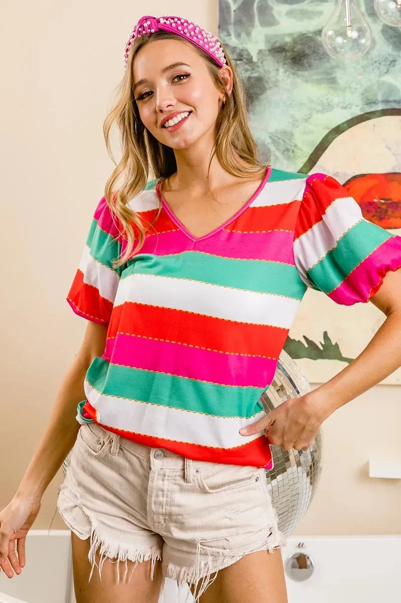 BiBi Multi Stripe Color Print Puff Sleeves V Neck Top In Red Green