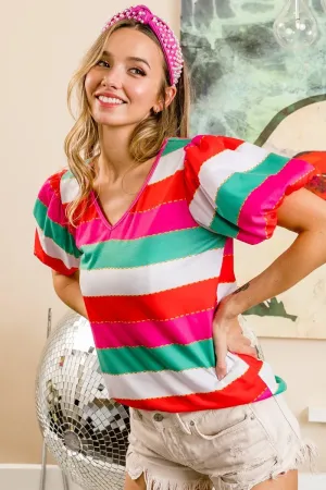BiBi Multi Stripe Color Print Puff Sleeves V Neck Top In Red Green