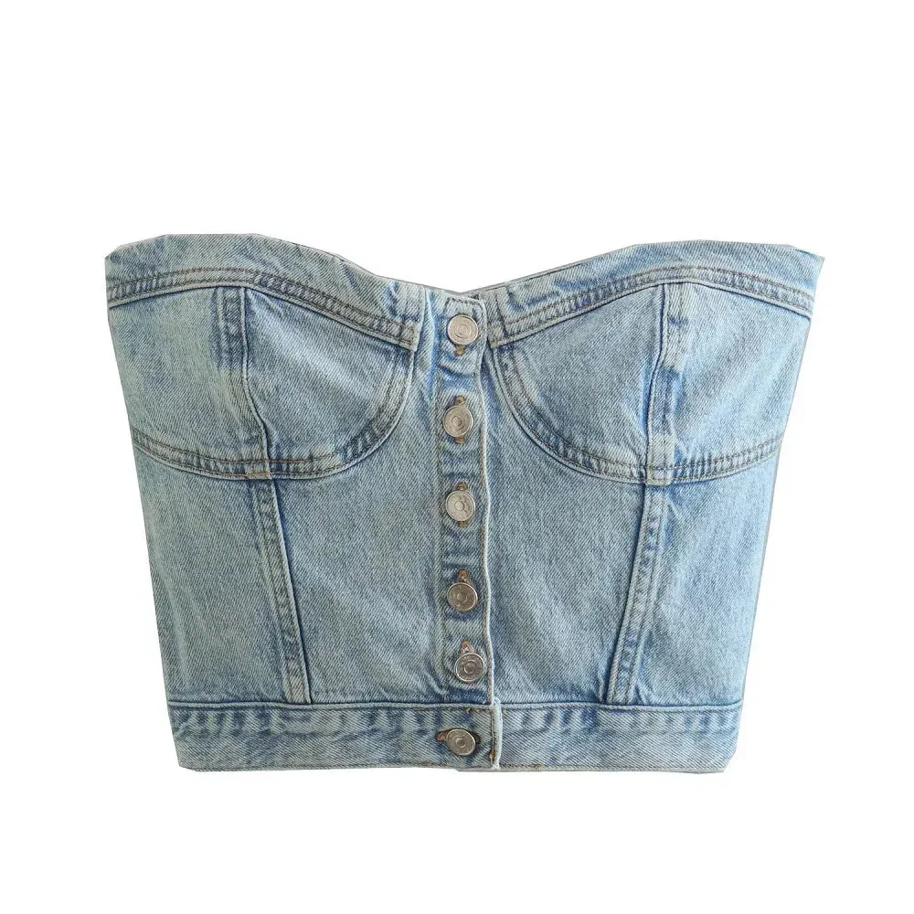 Blue Backless Denim Corset Crop Top for Women – Off-Shoulder Sleeveless Bustier Tank, Sexy Elegant Summer Streetwear 2025