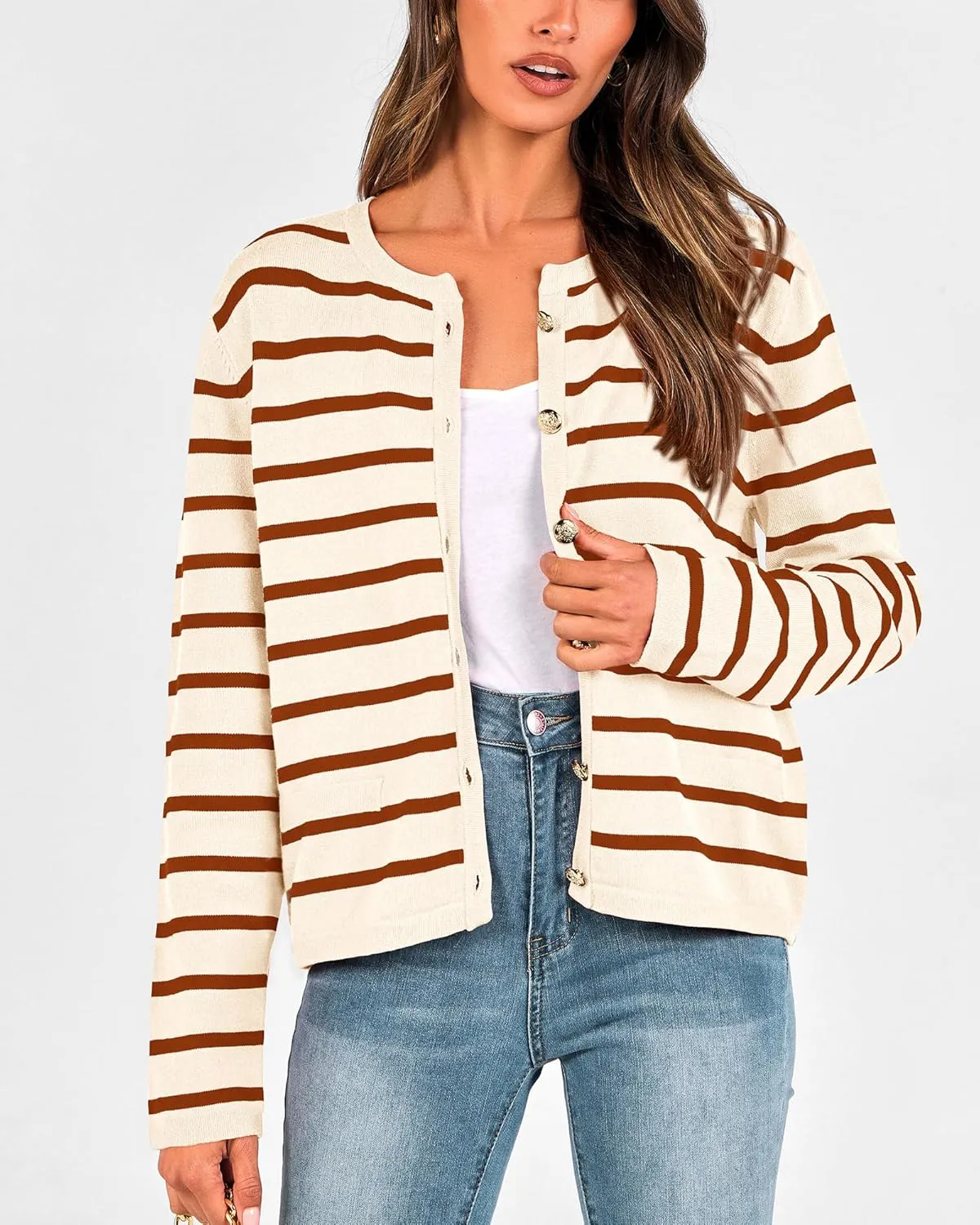 BTFBM Women's Cardigans Sweater 2024 Fall Striped Long Sleeve Button Down Crop Open Front Knit Outerwear Deco Pockets