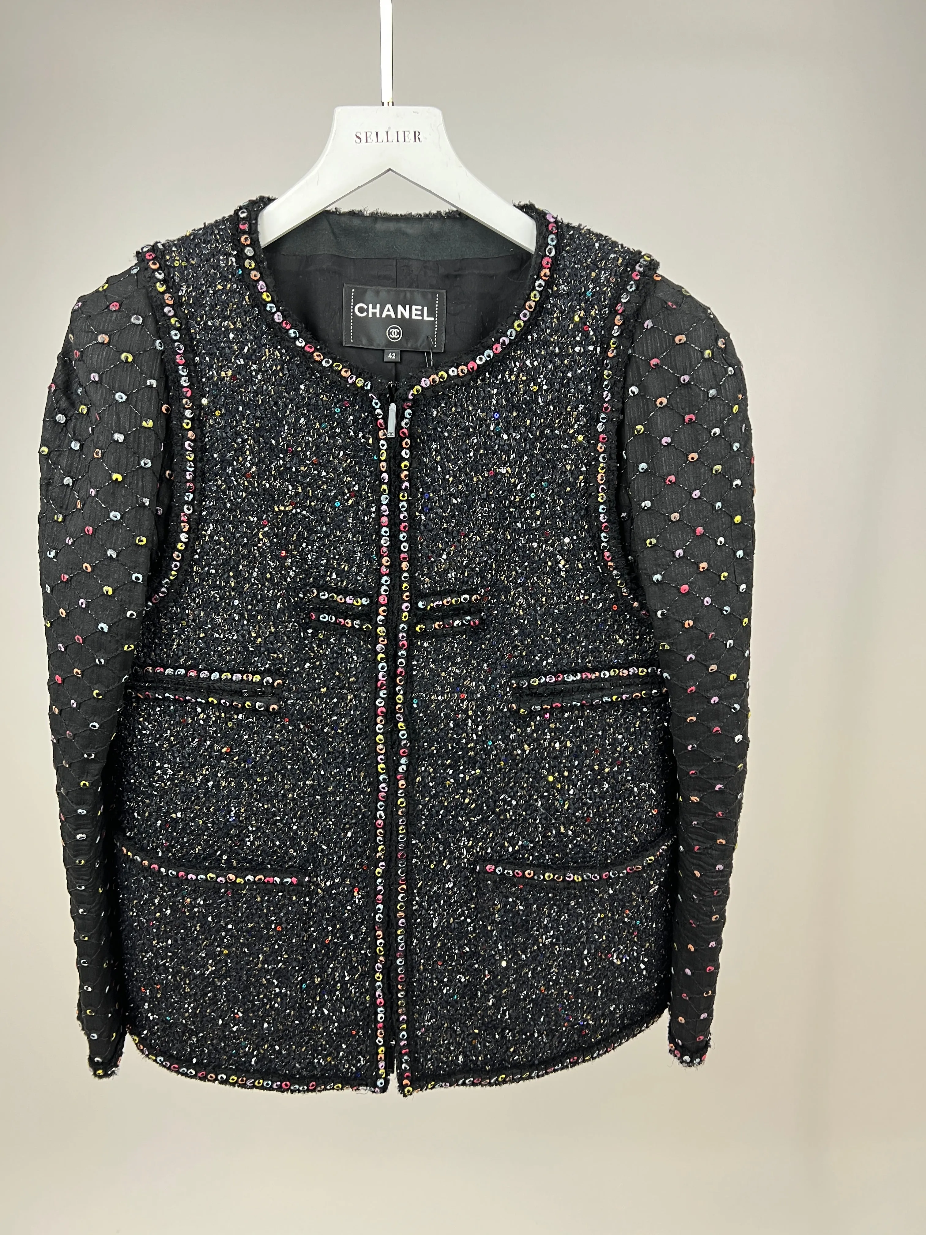Chanel  Fall 2017 Black Tweed Jacket With Multicoloured Sequin Details Size Fr 42 (uk 14)