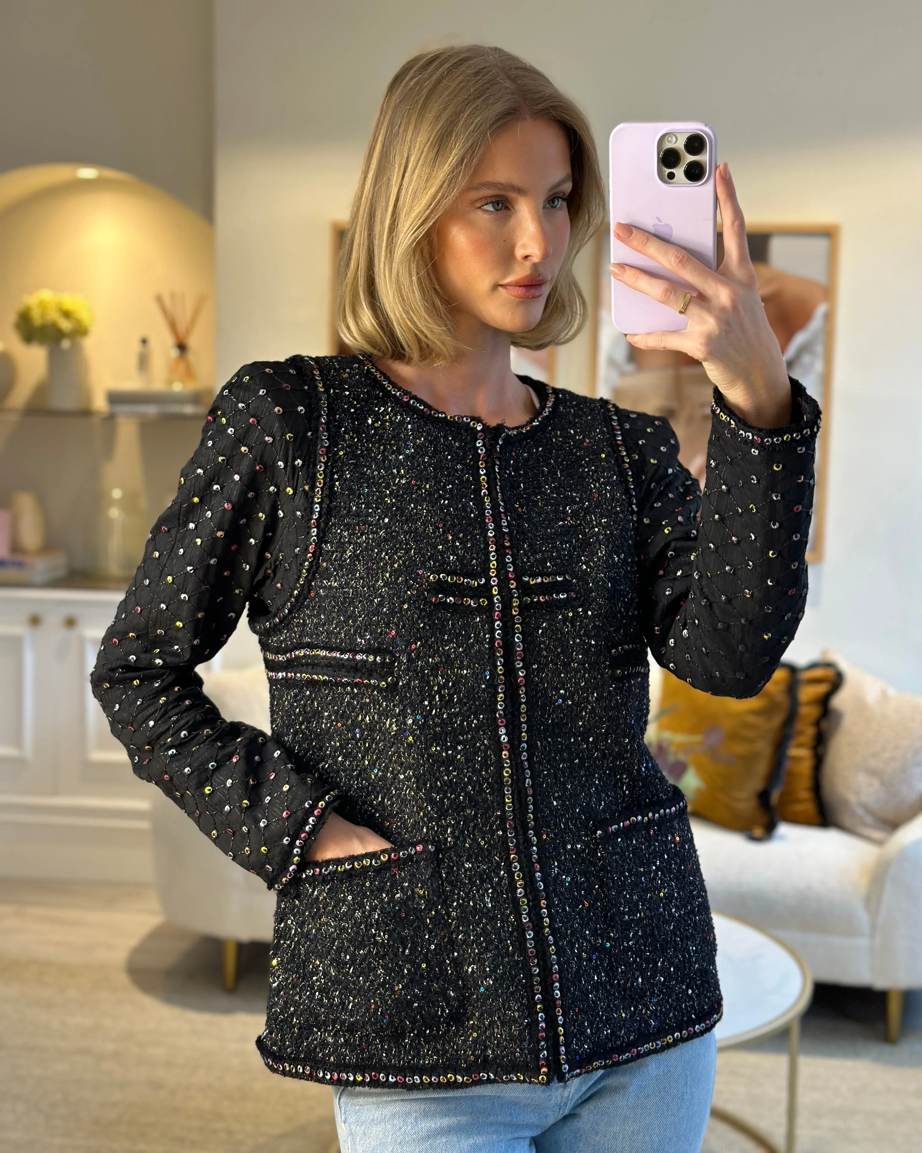Chanel  Fall 2017 Black Tweed Jacket With Multicoloured Sequin Details Size Fr 42 (uk 14)