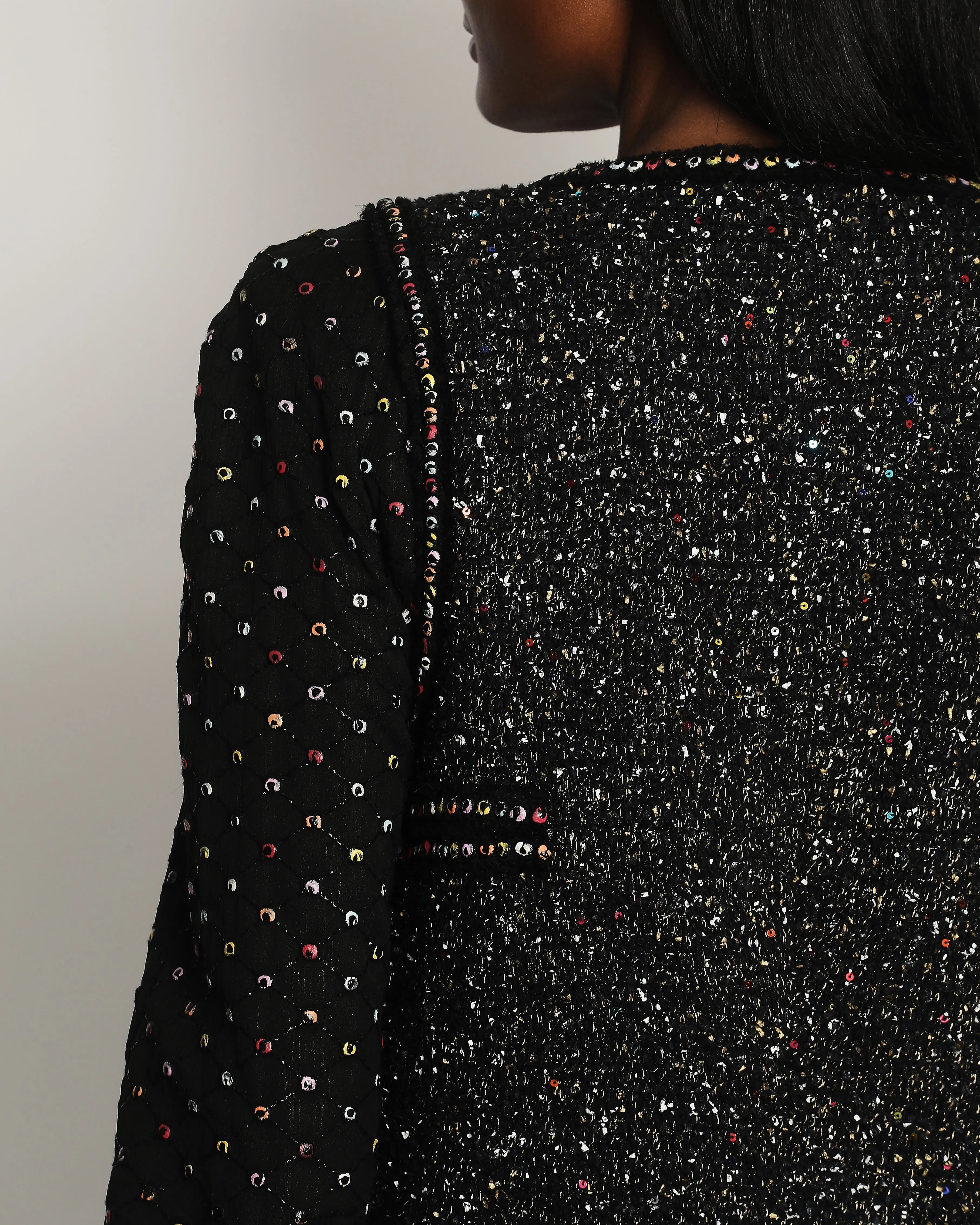 Chanel  Fall 2017 Black Tweed Jacket With Multicoloured Sequin Details Size Fr 42 (uk 14)