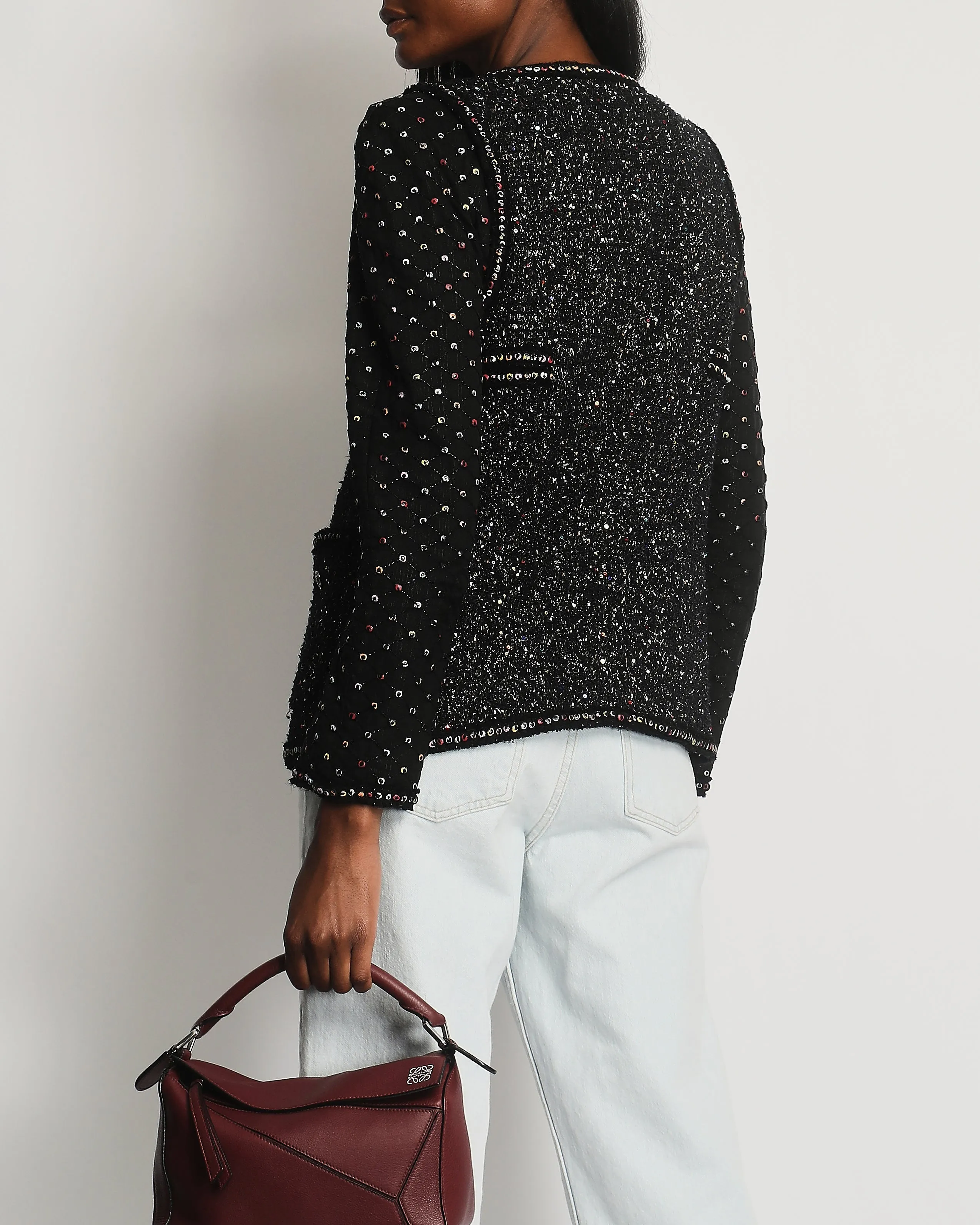 Chanel  Fall 2017 Black Tweed Jacket With Multicoloured Sequin Details Size Fr 42 (uk 14)