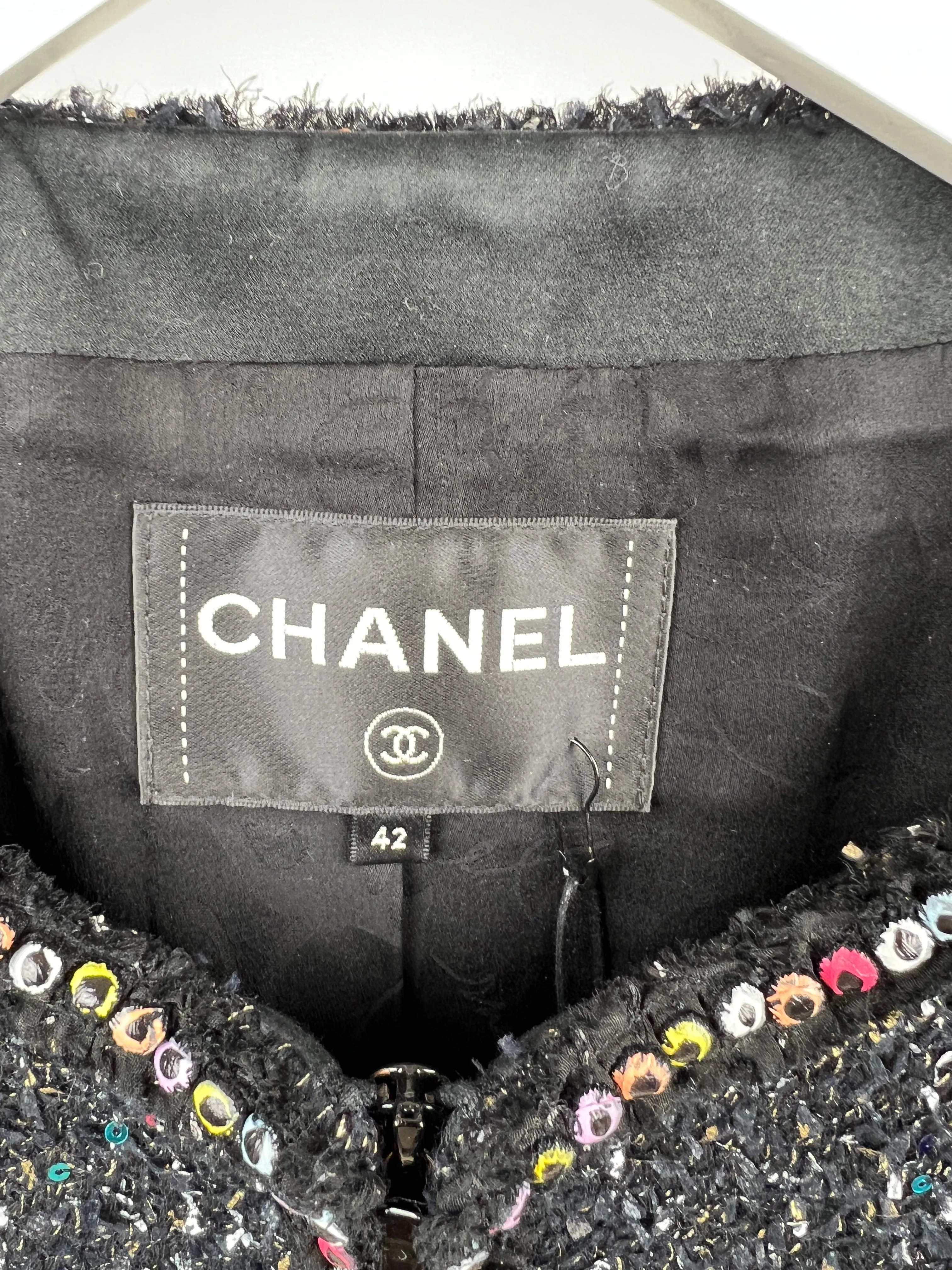 Chanel  Fall 2017 Black Tweed Jacket With Multicoloured Sequin Details Size Fr 42 (uk 14)