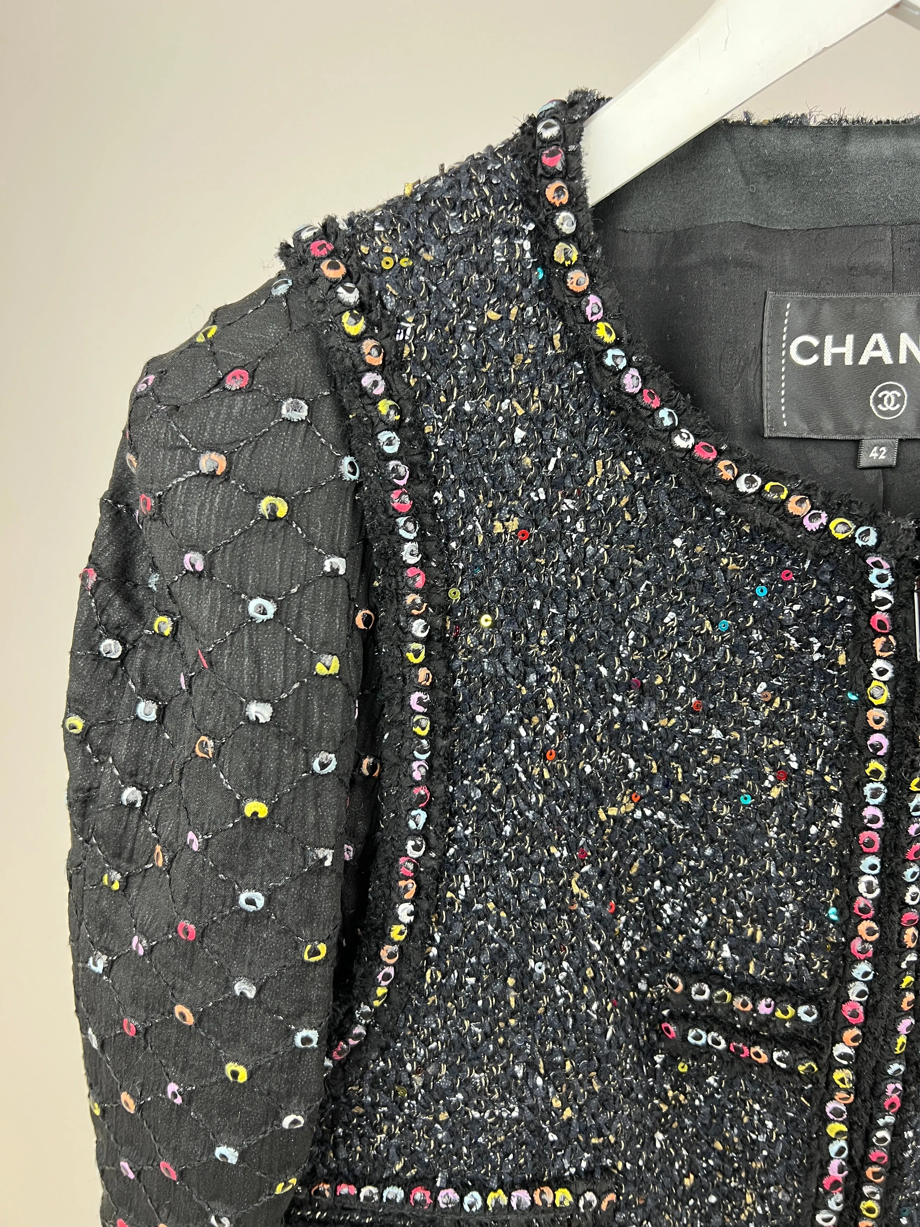 Chanel  Fall 2017 Black Tweed Jacket With Multicoloured Sequin Details Size Fr 42 (uk 14)