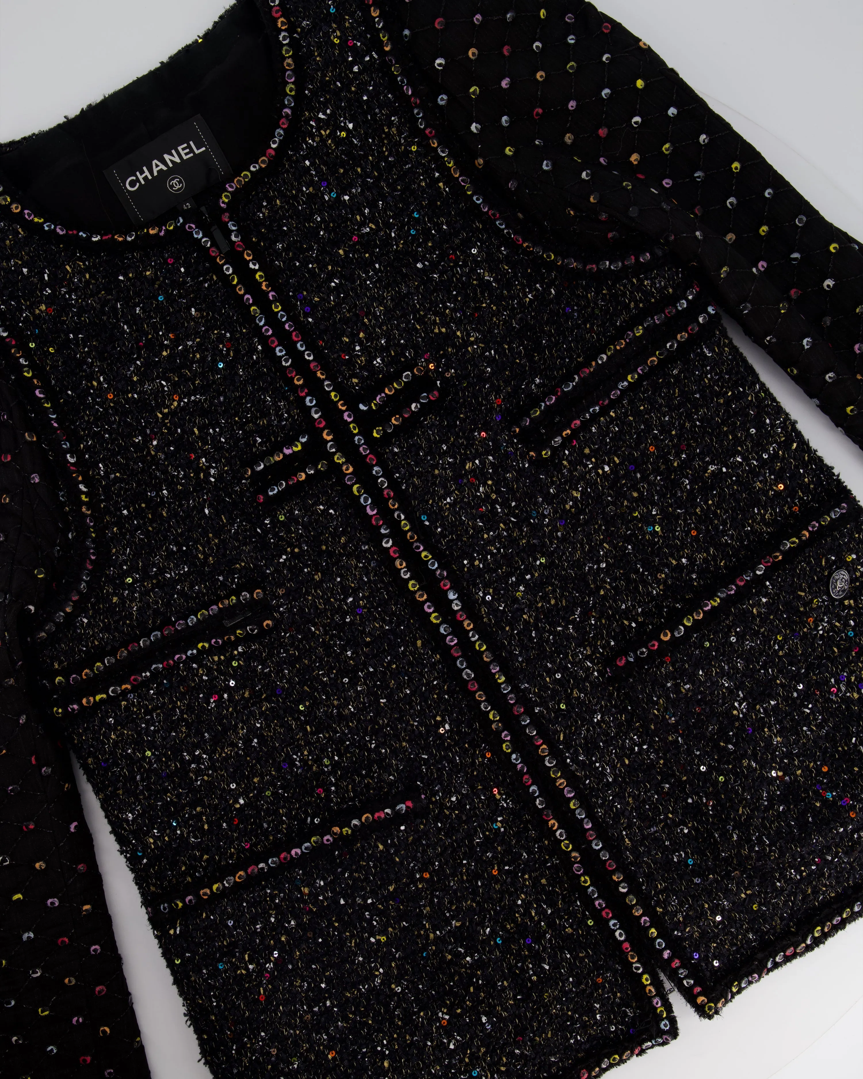 Chanel  Fall 2017 Black Tweed Jacket With Multicoloured Sequin Details Size Fr 42 (uk 14)