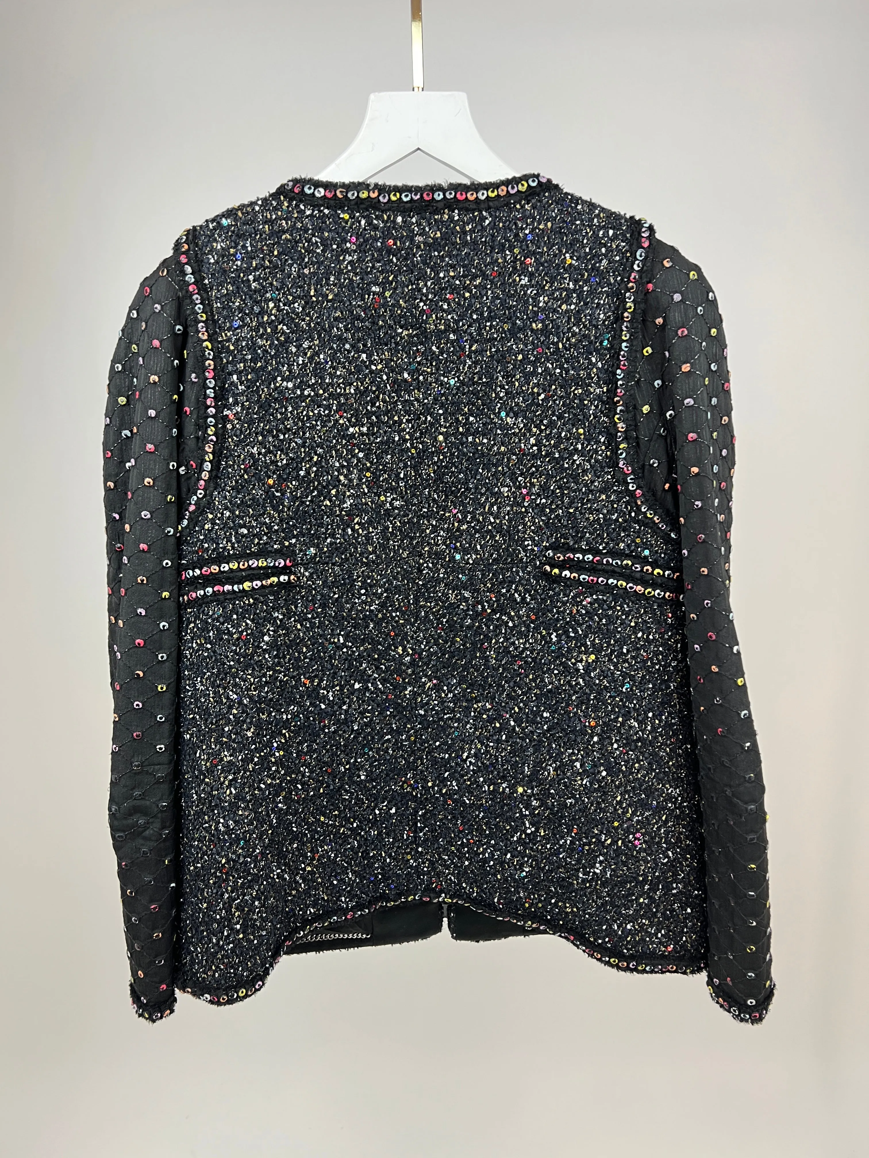Chanel  Fall 2017 Black Tweed Jacket With Multicoloured Sequin Details Size Fr 42 (uk 14)
