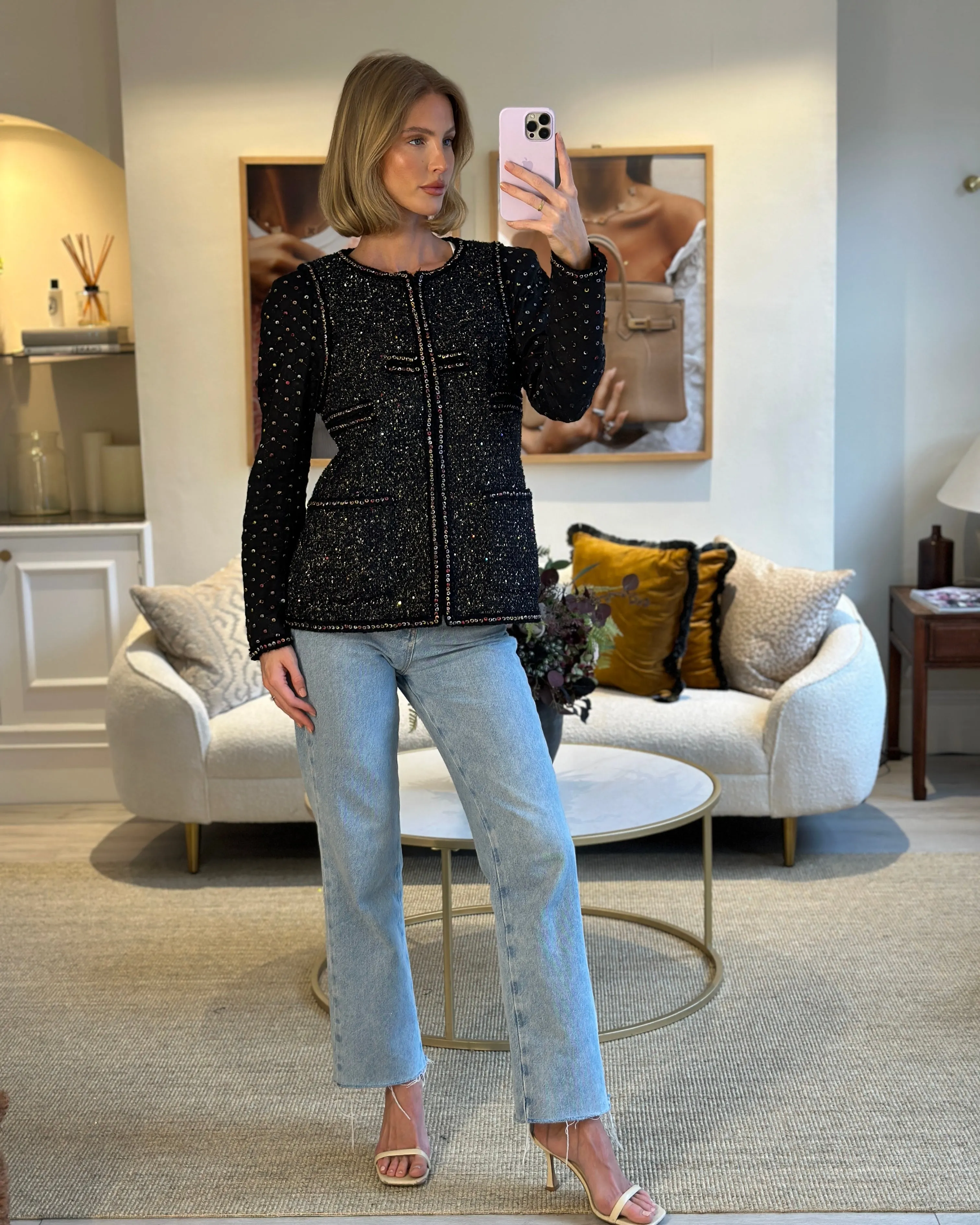 Chanel  Fall 2017 Black Tweed Jacket With Multicoloured Sequin Details Size Fr 42 (uk 14)