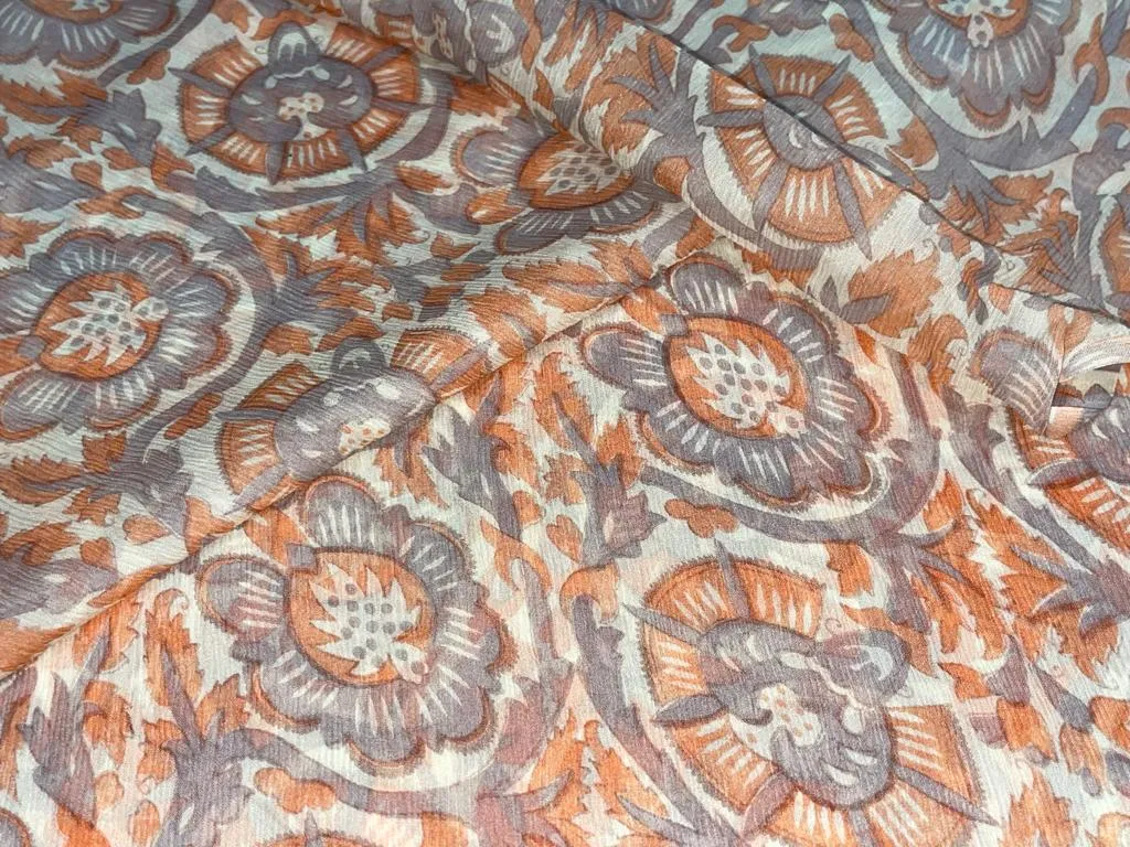 Chiffon printed  cream ,orange peach and light grey color fabric 58" wide [15450]