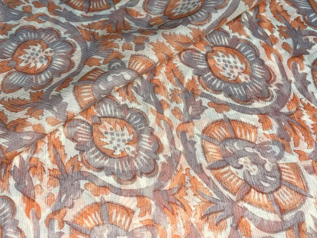 Chiffon printed  cream ,orange peach and light grey color fabric 58" wide [15450]