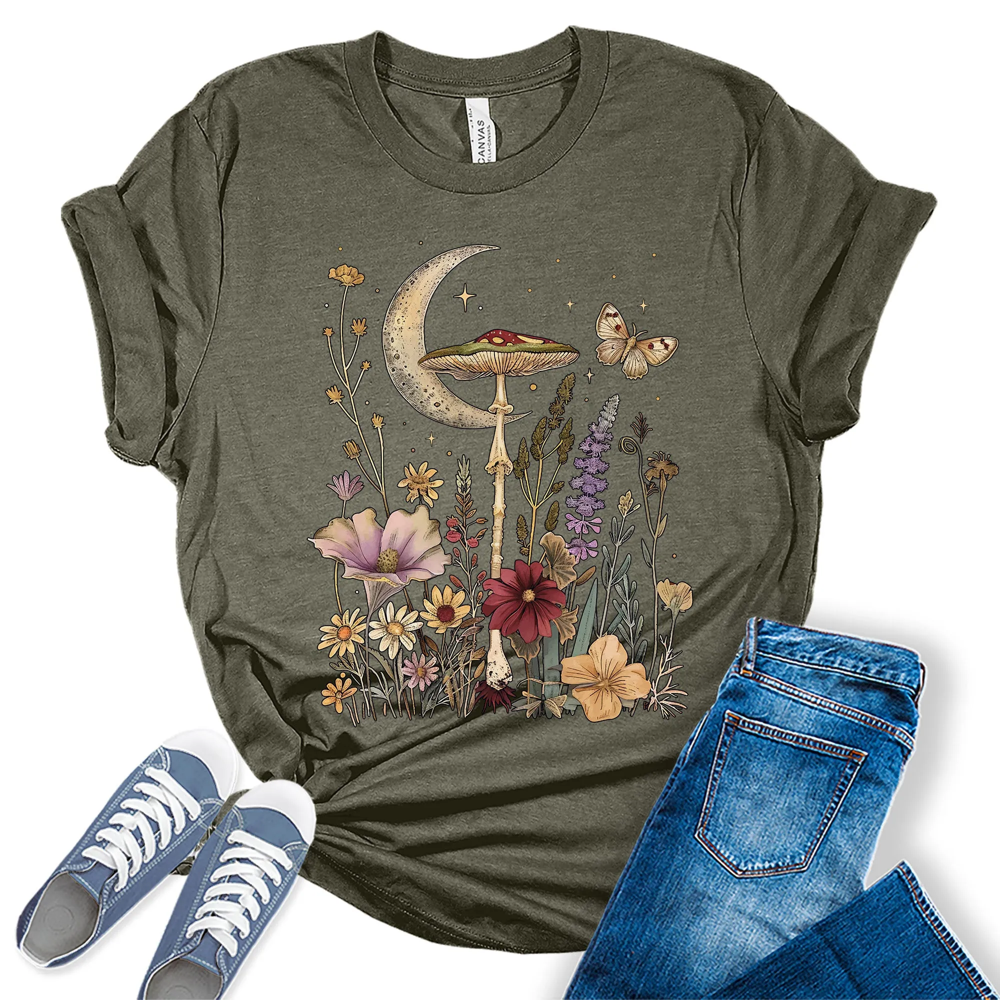 Cottagecore Aesthetic Floral Crescent Moon Flowers Graphic Tees for Women