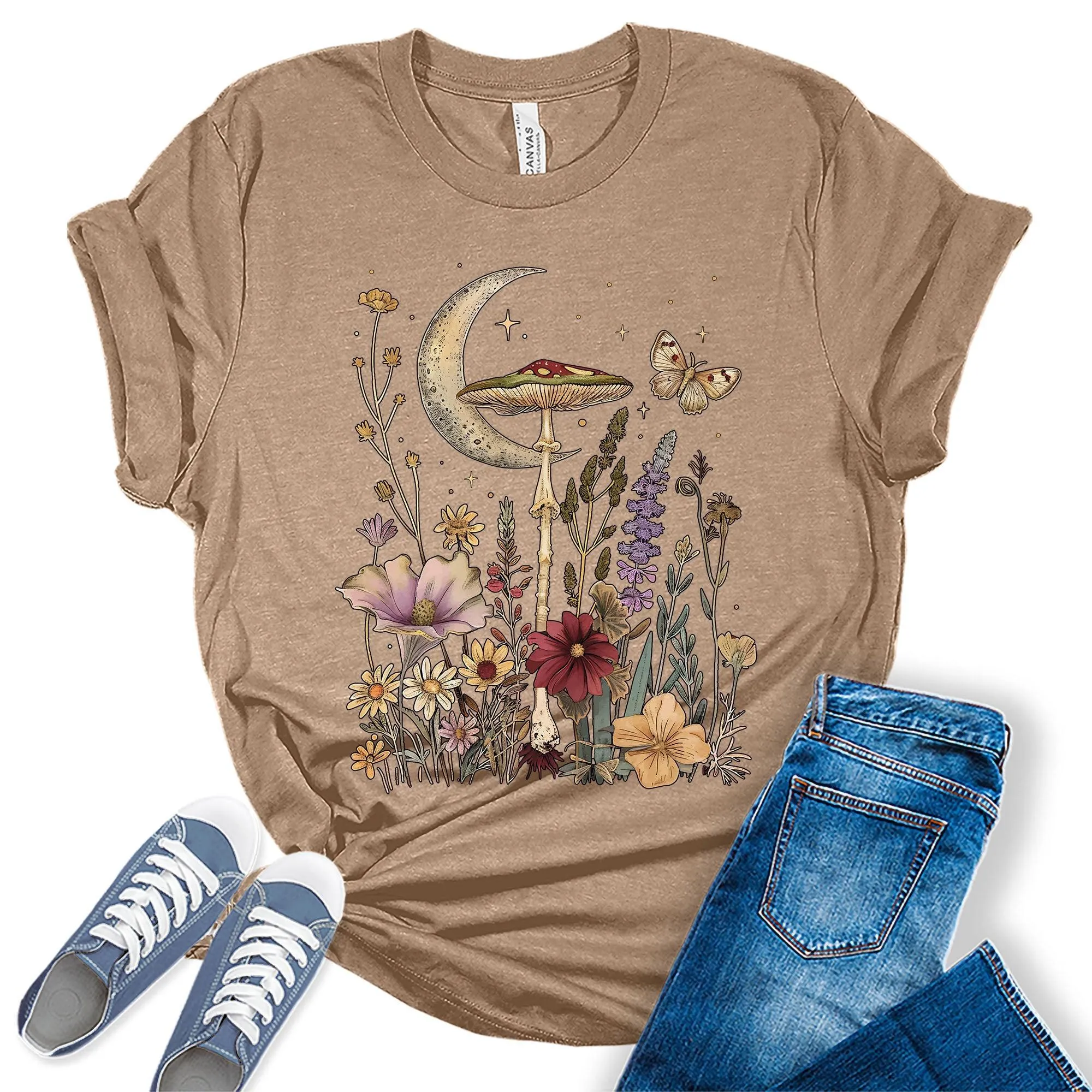 Cottagecore Aesthetic Floral Crescent Moon Flowers Graphic Tees for Women