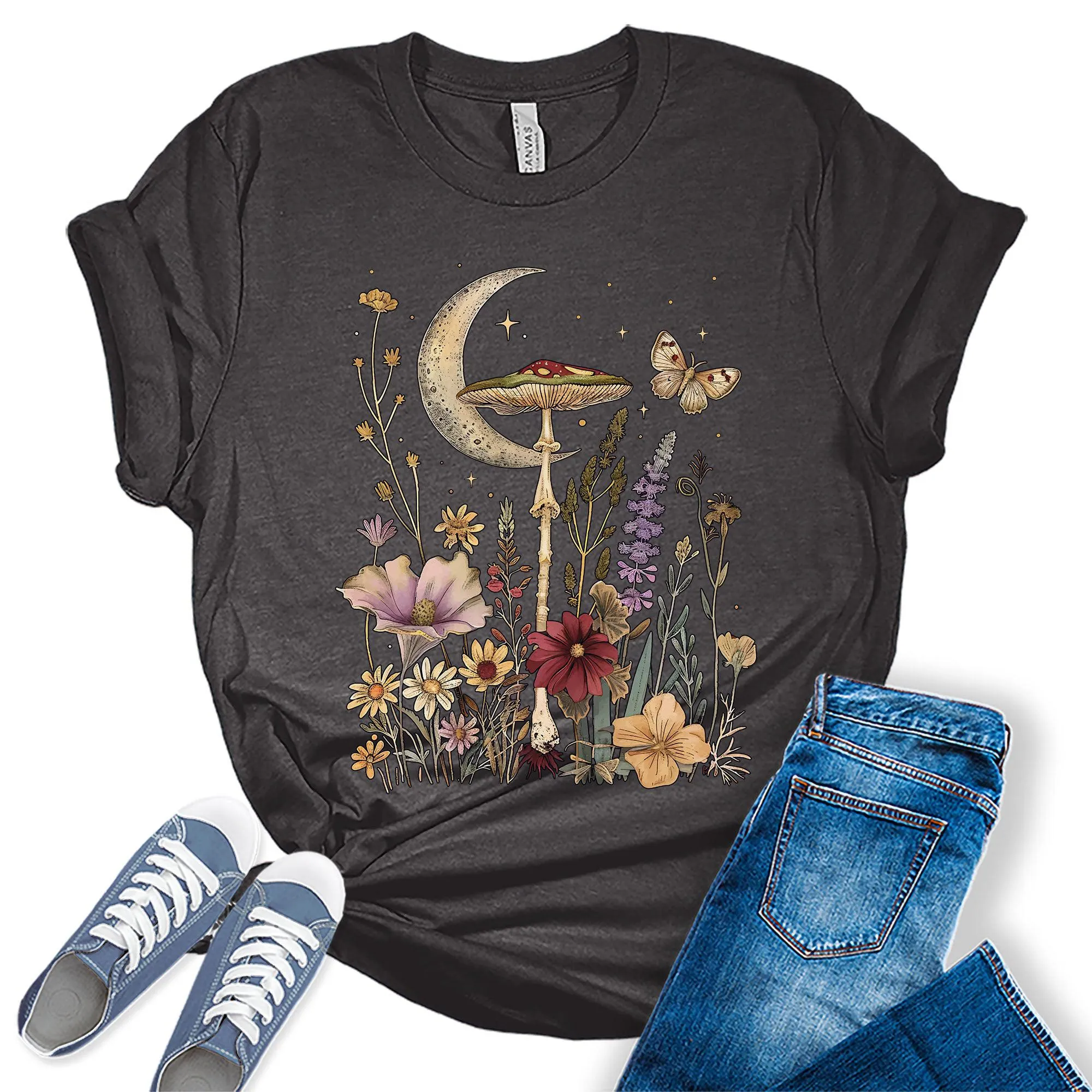Cottagecore Aesthetic Floral Crescent Moon Flowers Graphic Tees for Women