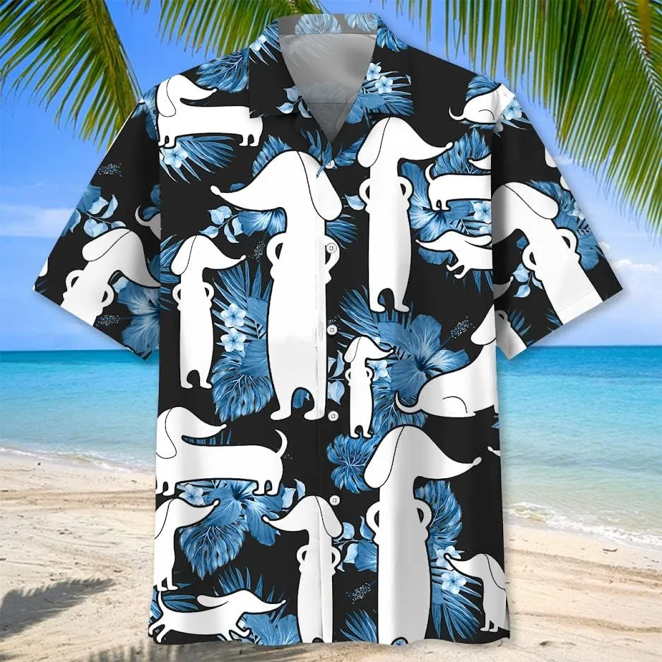 Dachshund Hawaiian Shirts for Men Short Sleeve Aloha Beach Shirt Floral Summer Casual Button Down Shirts