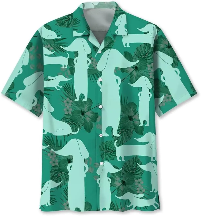 Dachshund Hawaiian Shirts for Men Short Sleeve Aloha Beach Shirt Floral Summer Casual Button Down Shirts