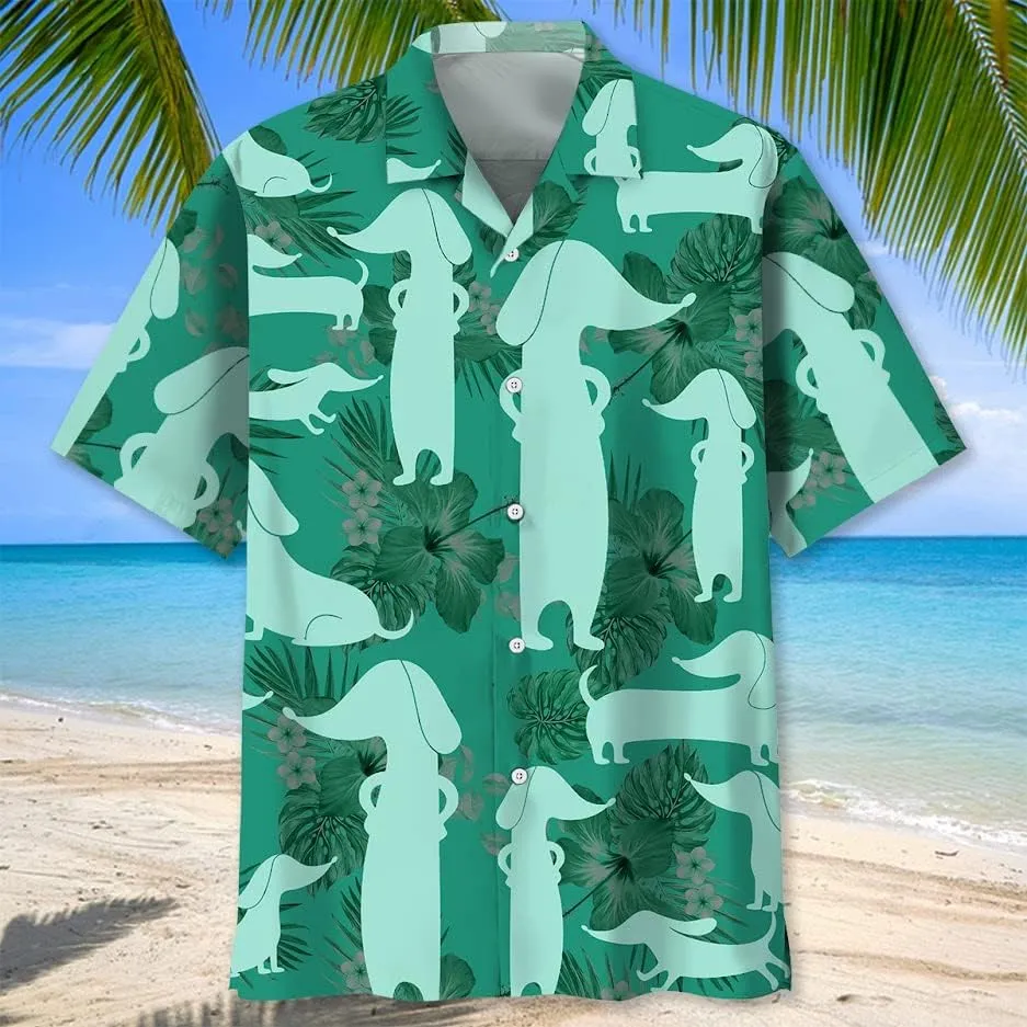 Dachshund Hawaiian Shirts for Men Short Sleeve Aloha Beach Shirt Floral Summer Casual Button Down Shirts