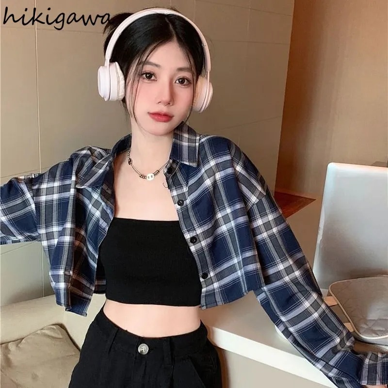 deanwangkt Crop Tops Blouse for Women Korean Casual Plaid Shirts High Waist Long Sleeve Loose Blouses  Blusas Mujer De Moda 27L111