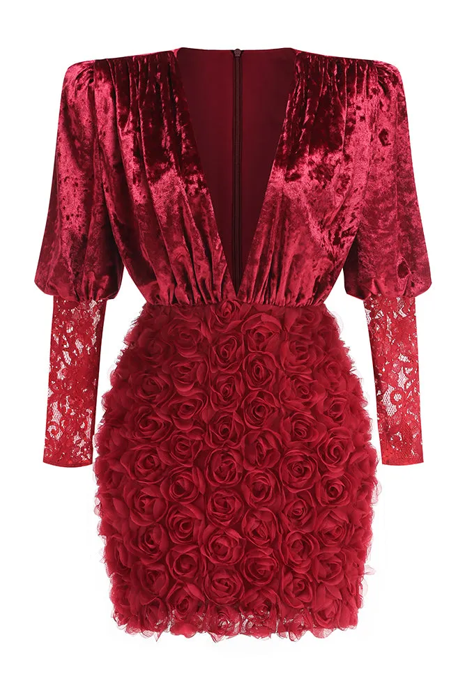 Deep V Ruched Velvet Floral Mini Dress