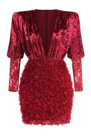 Deep V Ruched Velvet Floral Mini Dress