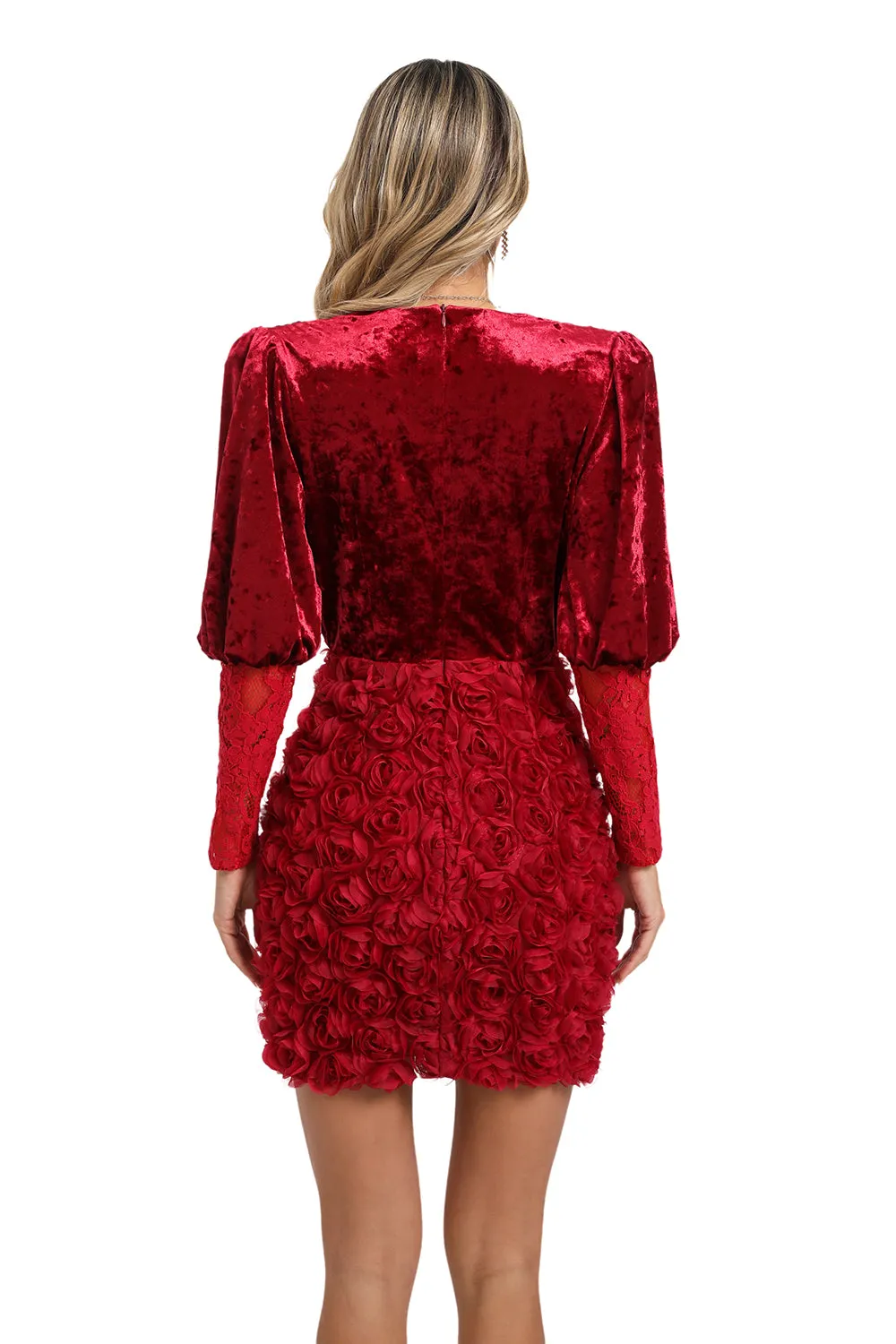 Deep V Ruched Velvet Floral Mini Dress