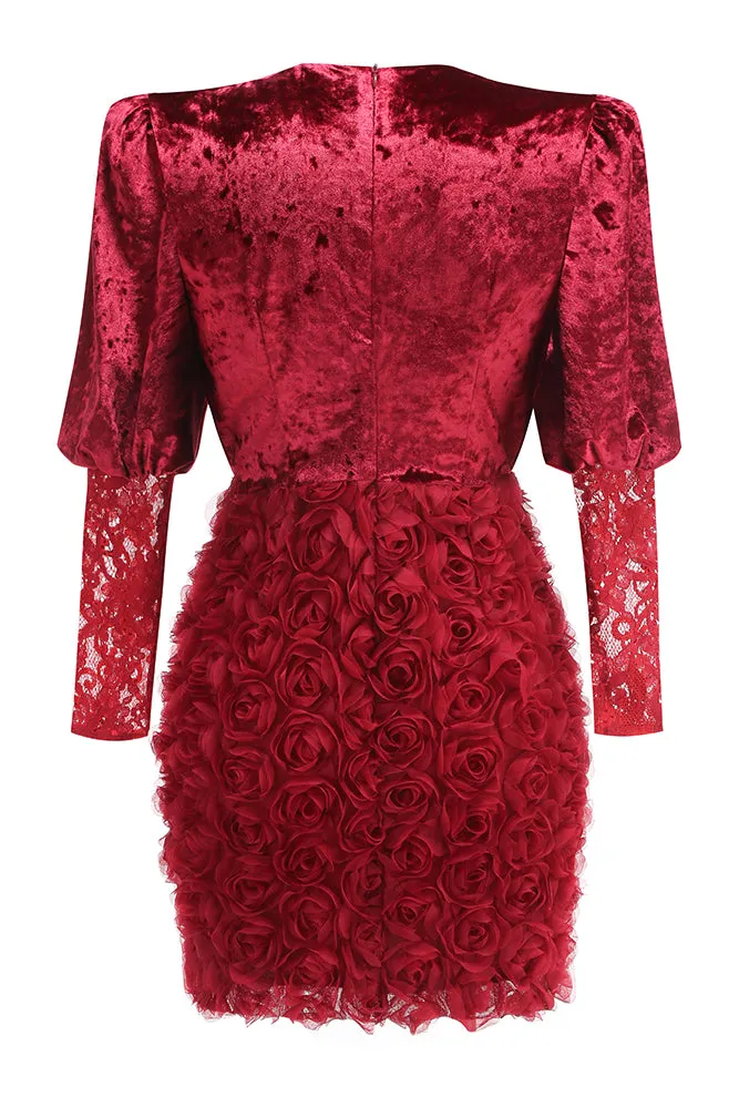 Deep V Ruched Velvet Floral Mini Dress