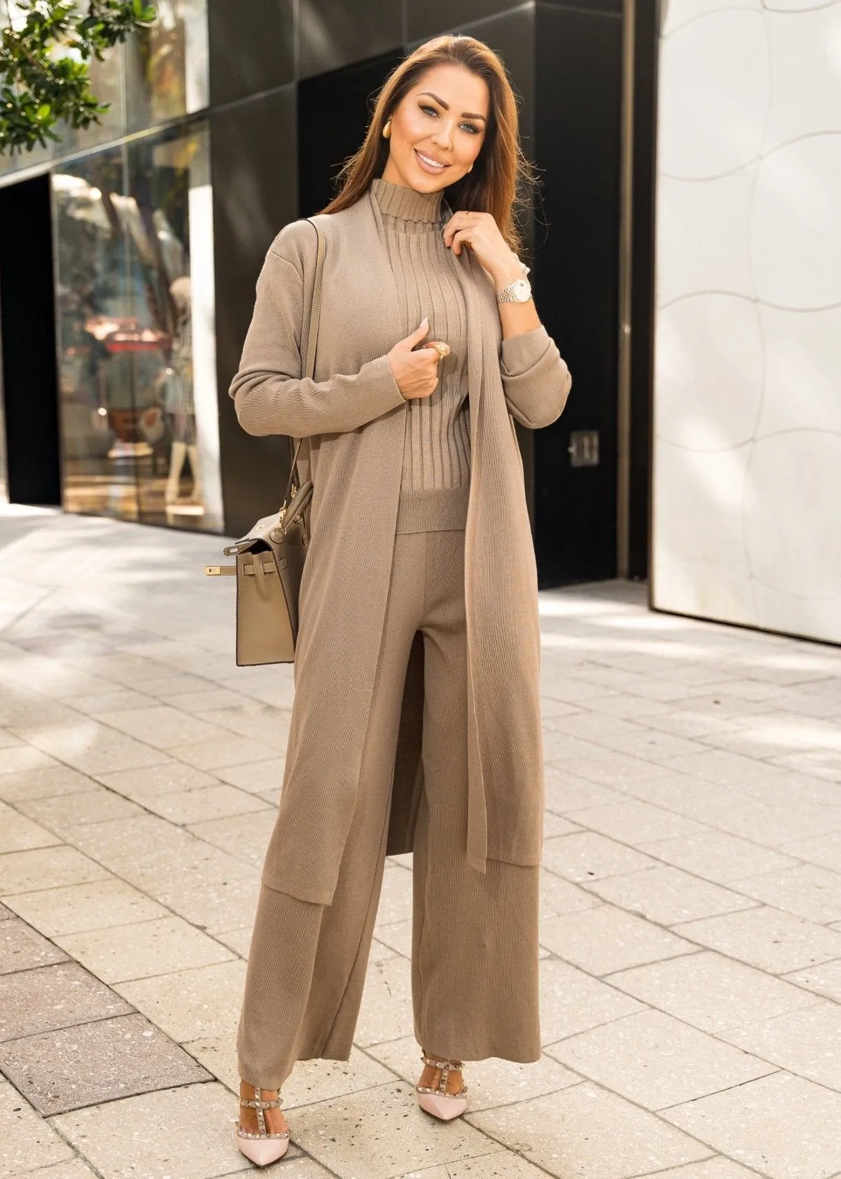 Eirini Knitted Three-Piece Pants Set - Beige