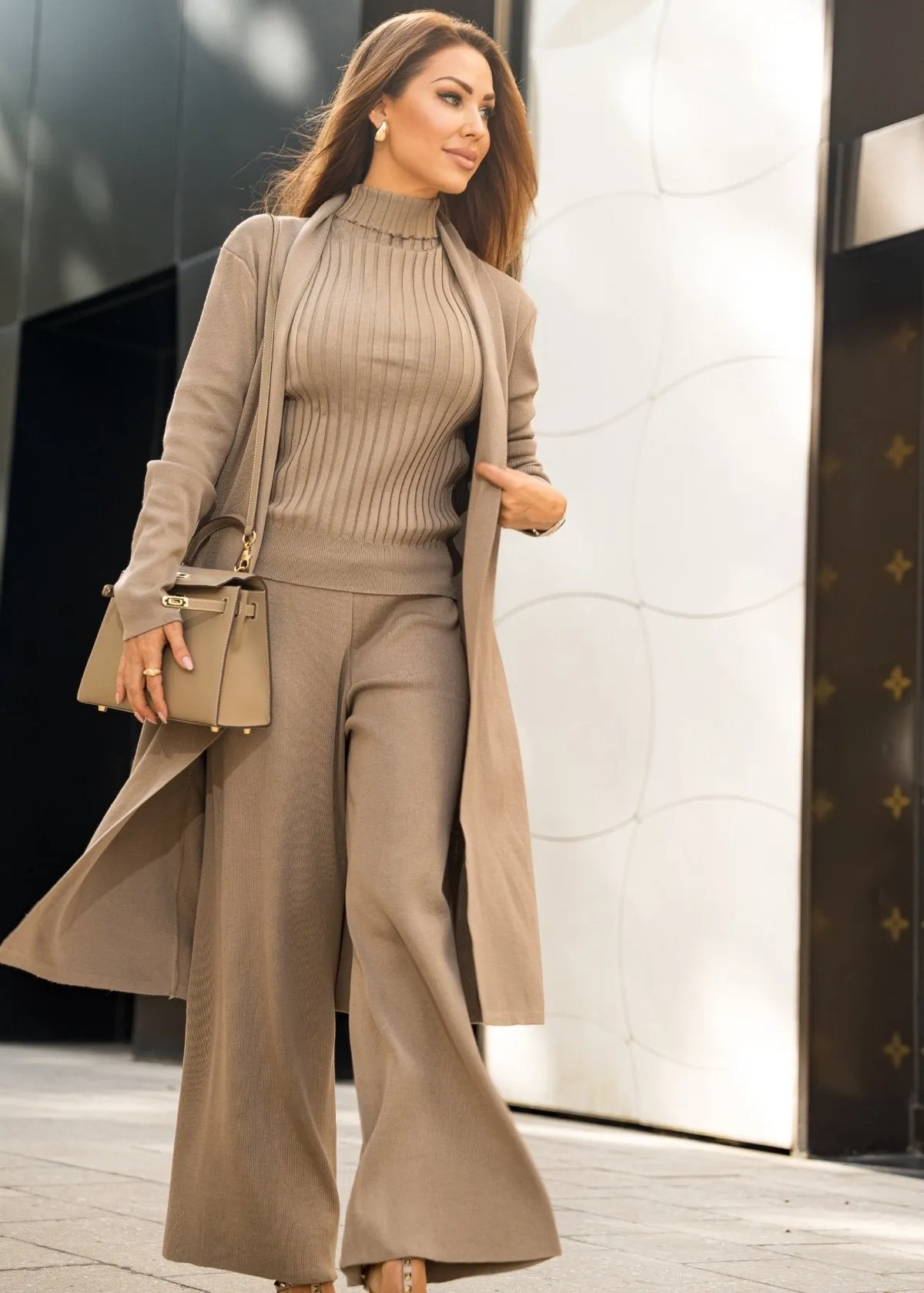 Eirini Knitted Three-Piece Pants Set - Beige