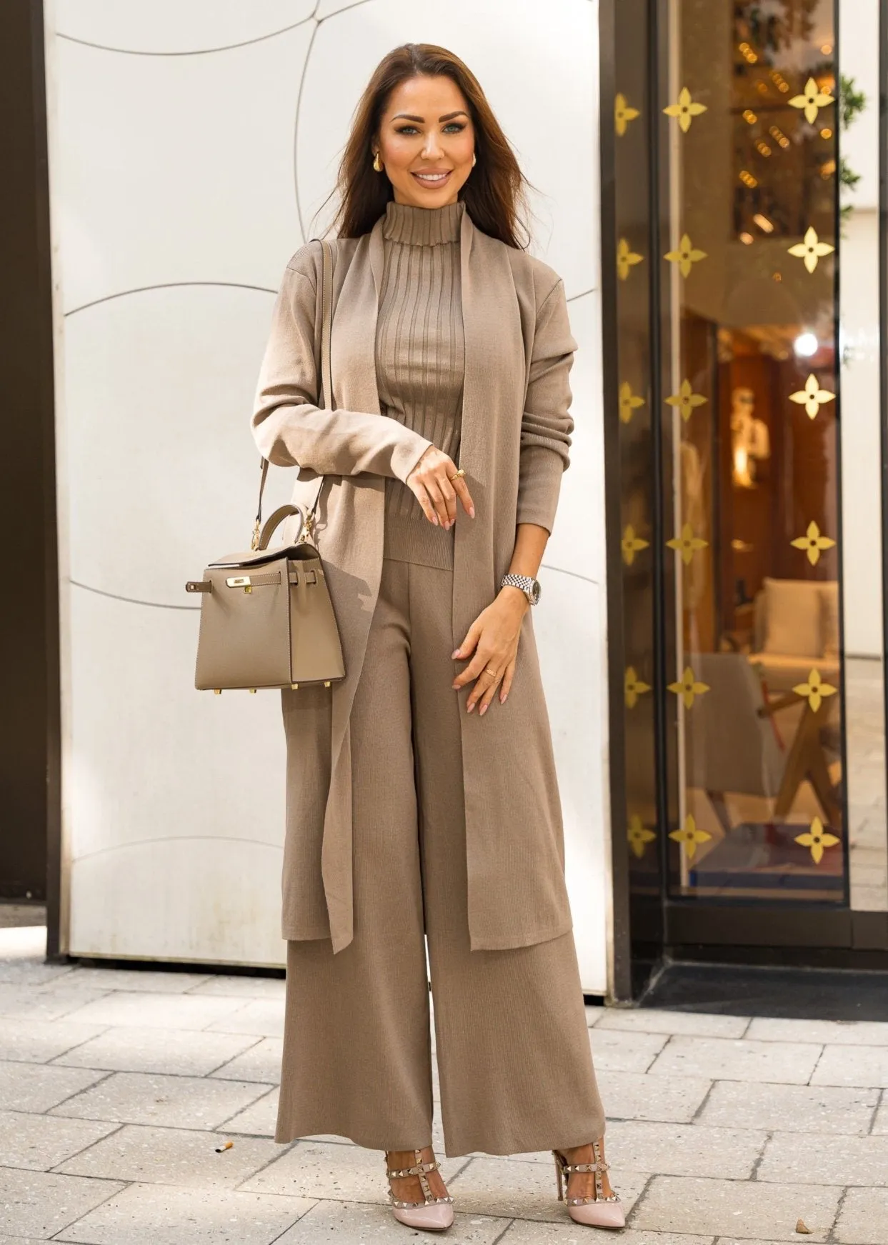 Eirini Knitted Three-Piece Pants Set - Beige