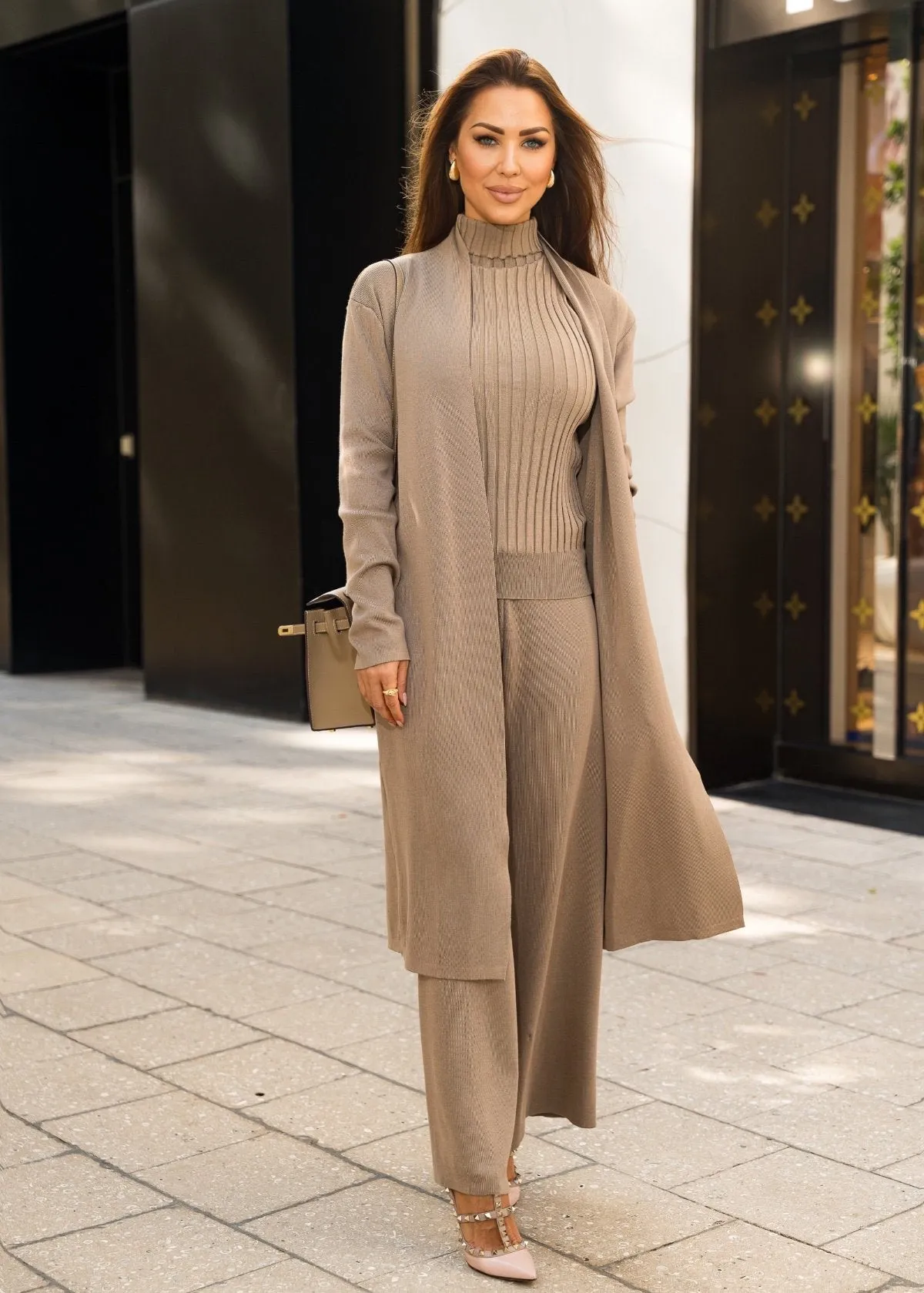 Eirini Knitted Three-Piece Pants Set - Beige