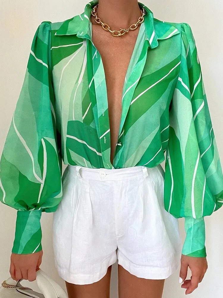 Elegant Women Commute Single-breasted Blouse Spring Fashion Retro Printing Lantern Sleeve Shirts Office Lady Casual Blusa
