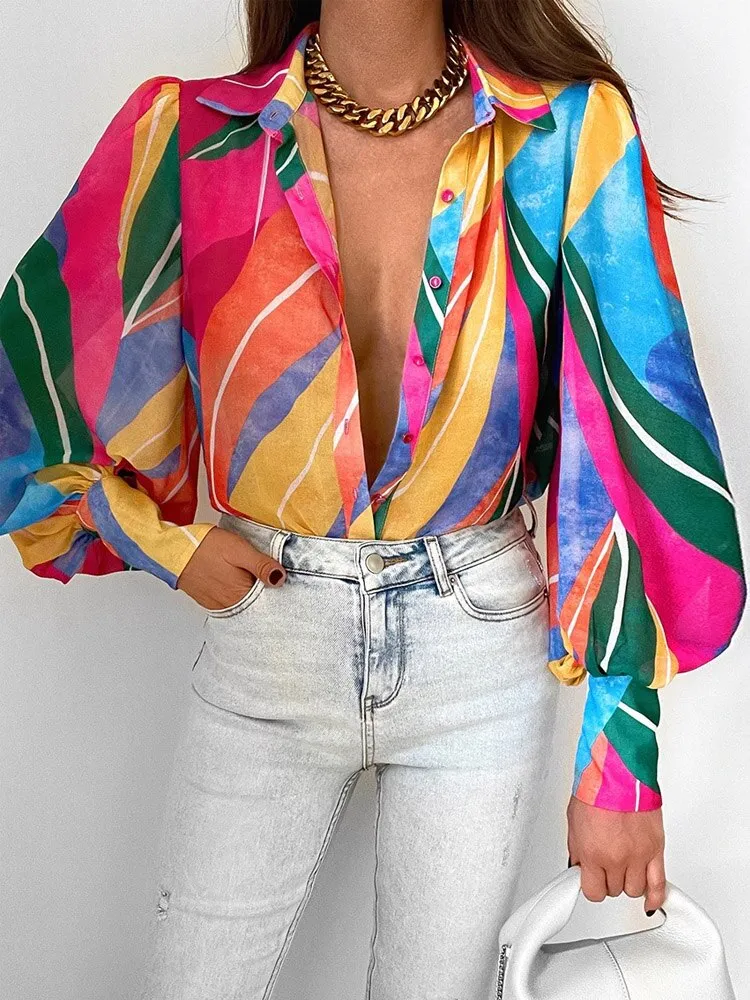 Elegant Women Commute Single-breasted Blouse Spring Fashion Retro Printing Lantern Sleeve Shirts Office Lady Casual Blusa