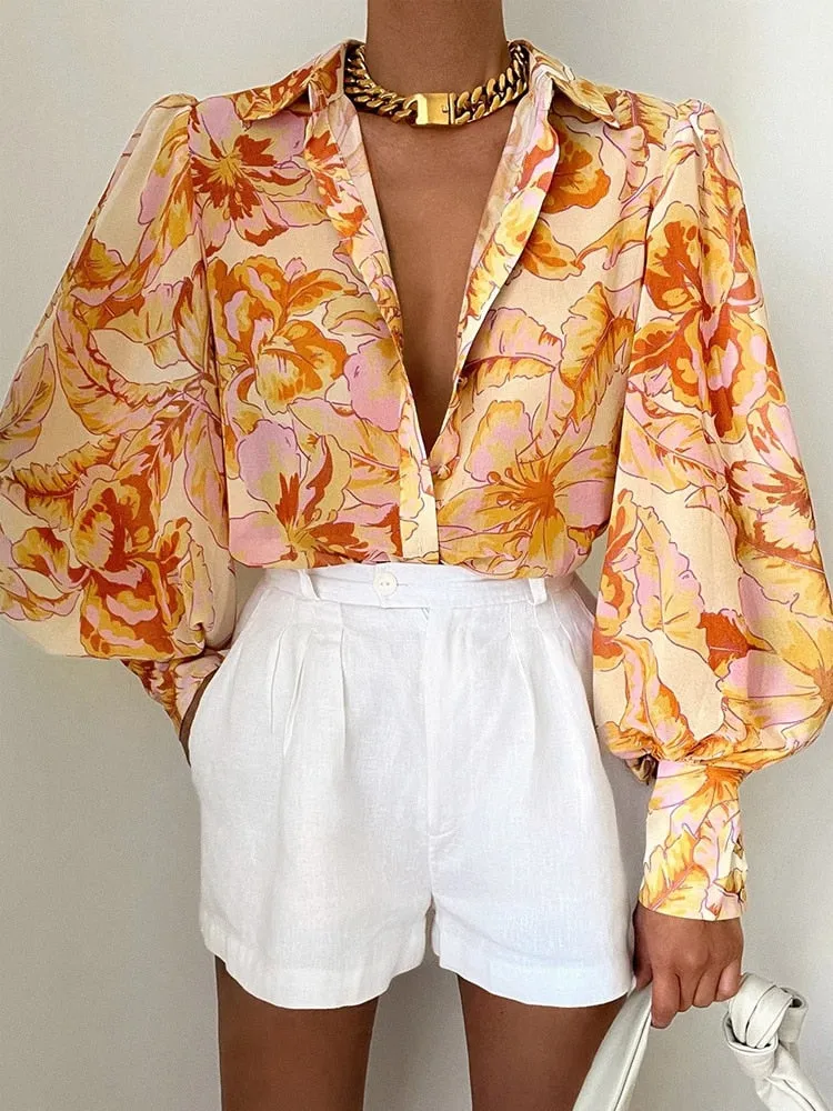 Elegant Women Commute Single-breasted Blouse Spring Fashion Retro Printing Lantern Sleeve Shirts Office Lady Casual Blusa