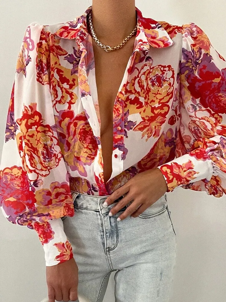 Elegant Women Commute Single-breasted Blouse Spring Fashion Retro Printing Lantern Sleeve Shirts Office Lady Casual Blusa