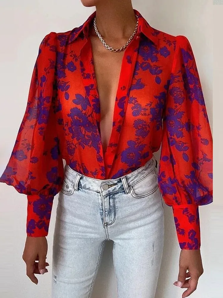 Elegant Women Commute Single-breasted Blouse Spring Fashion Retro Printing Lantern Sleeve Shirts Office Lady Casual Blusa