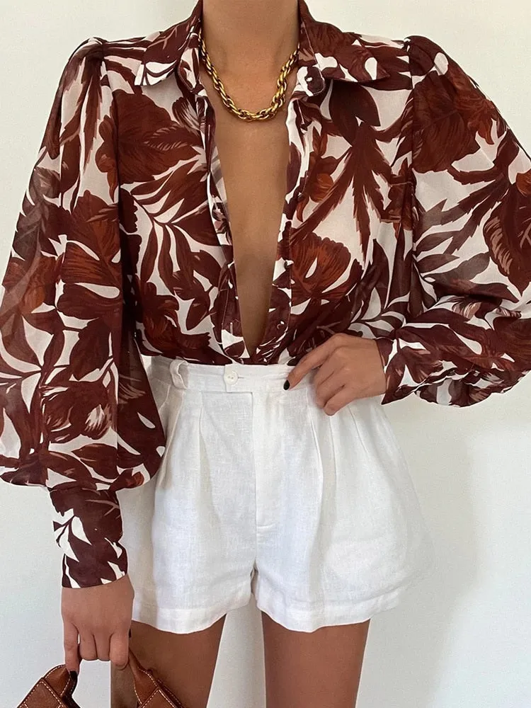 Elegant Women Commute Single-breasted Blouse Spring Fashion Retro Printing Lantern Sleeve Shirts Office Lady Casual Blusa