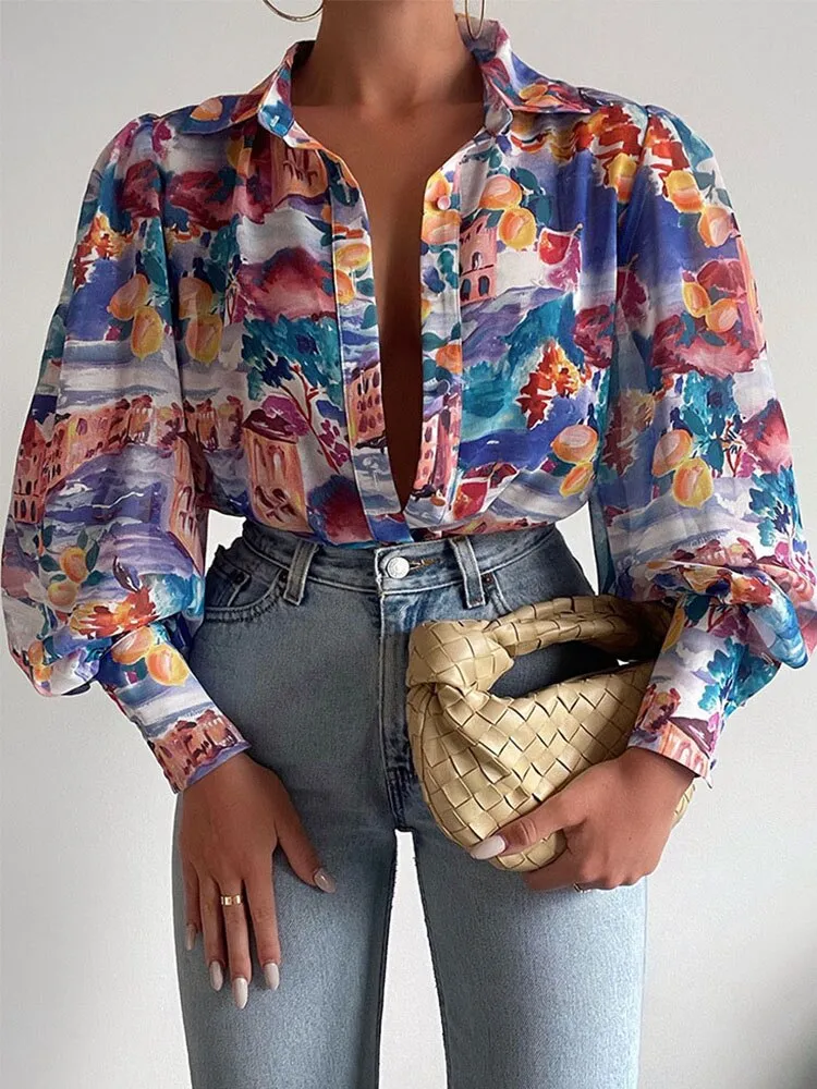 Elegant Women Commute Single-breasted Blouse Spring Fashion Retro Printing Lantern Sleeve Shirts Office Lady Casual Blusa