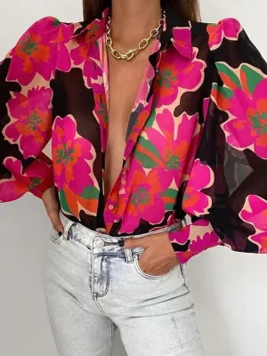 Elegant Women Commute Single-breasted Blouse Spring Fashion Retro Printing Lantern Sleeve Shirts Office Lady Casual Blusa
