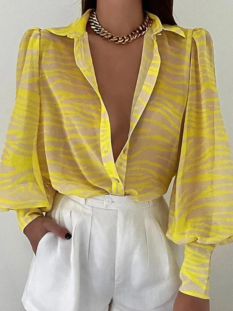 Elegant Women Commute Single-breasted Blouse Spring Fashion Retro Printing Lantern Sleeve Shirts Office Lady Casual Blusa