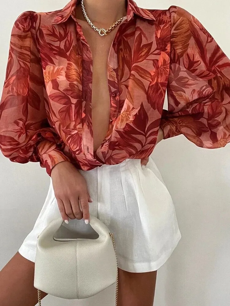 Elegant Women Commute Single-breasted Blouse Spring Fashion Retro Printing Lantern Sleeve Shirts Office Lady Casual Blusa