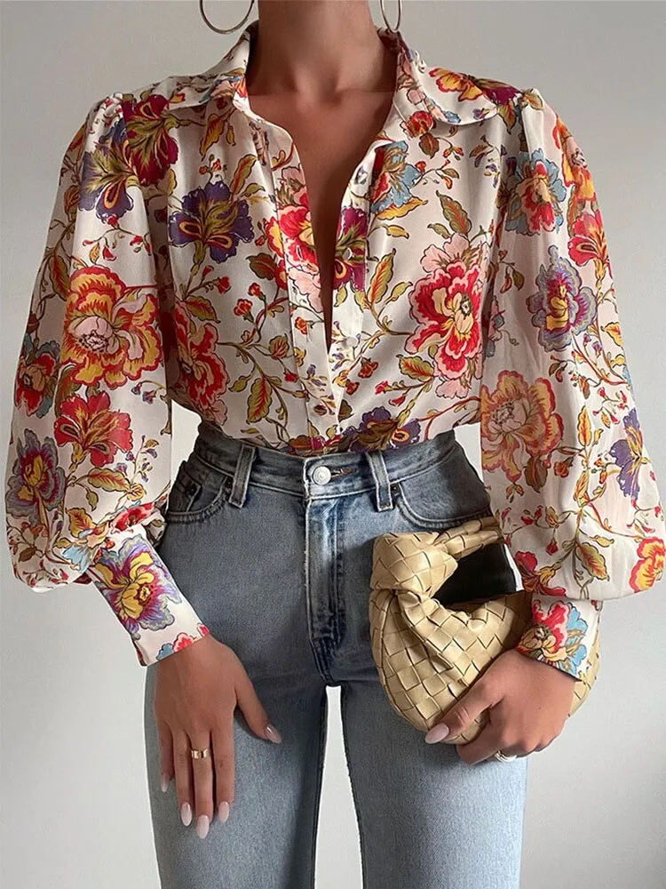 Elegant Women Commute Single-breasted Blouse Spring Fashion Retro Printing Lantern Sleeve Shirts Office Lady Casual Blusa
