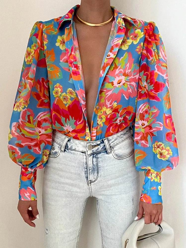 Elegant Women Commute Single-breasted Blouse Spring Fashion Retro Printing Lantern Sleeve Shirts Office Lady Casual Blusa